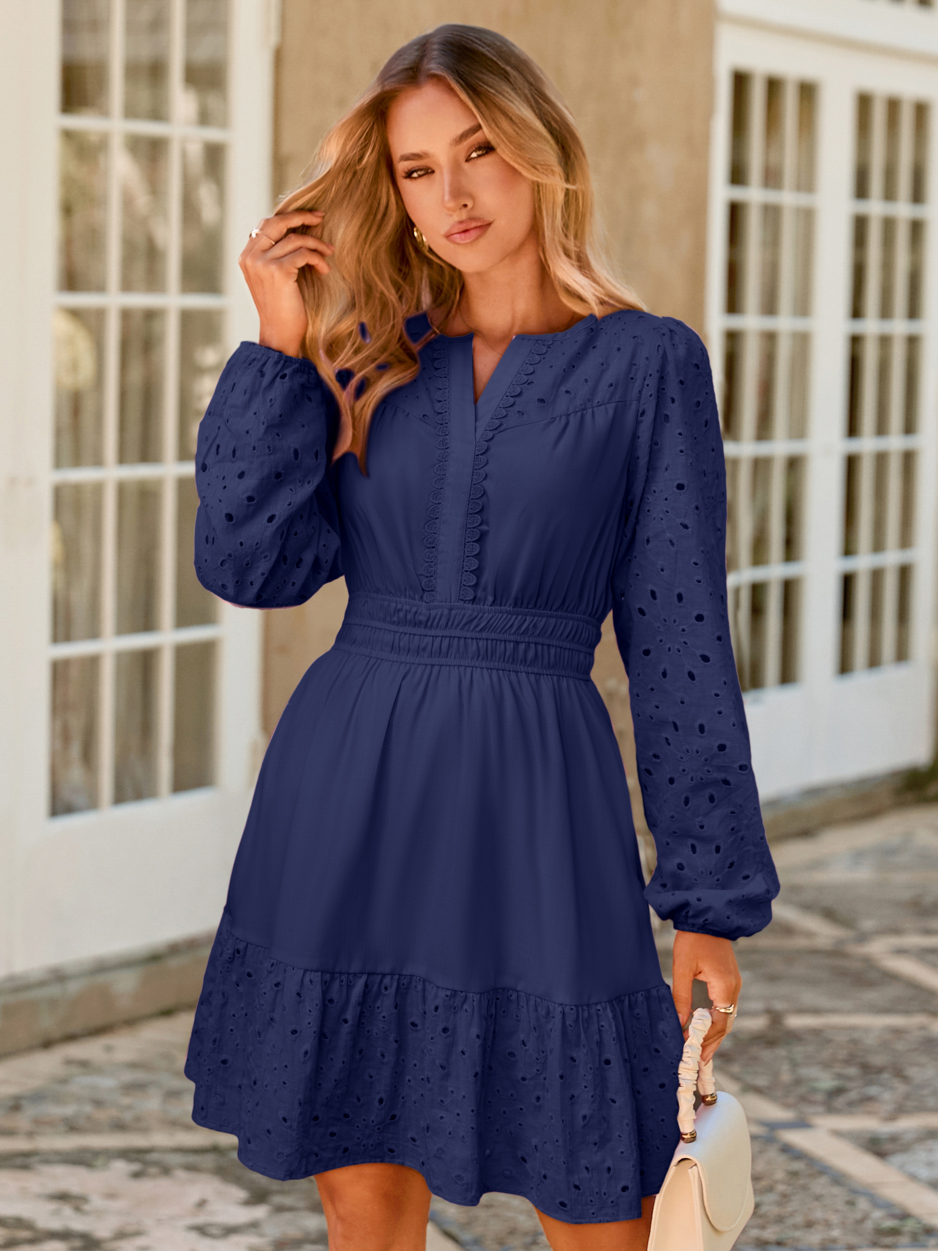 Eyelet V Neck Long Sleeve A Line Mini Dress
