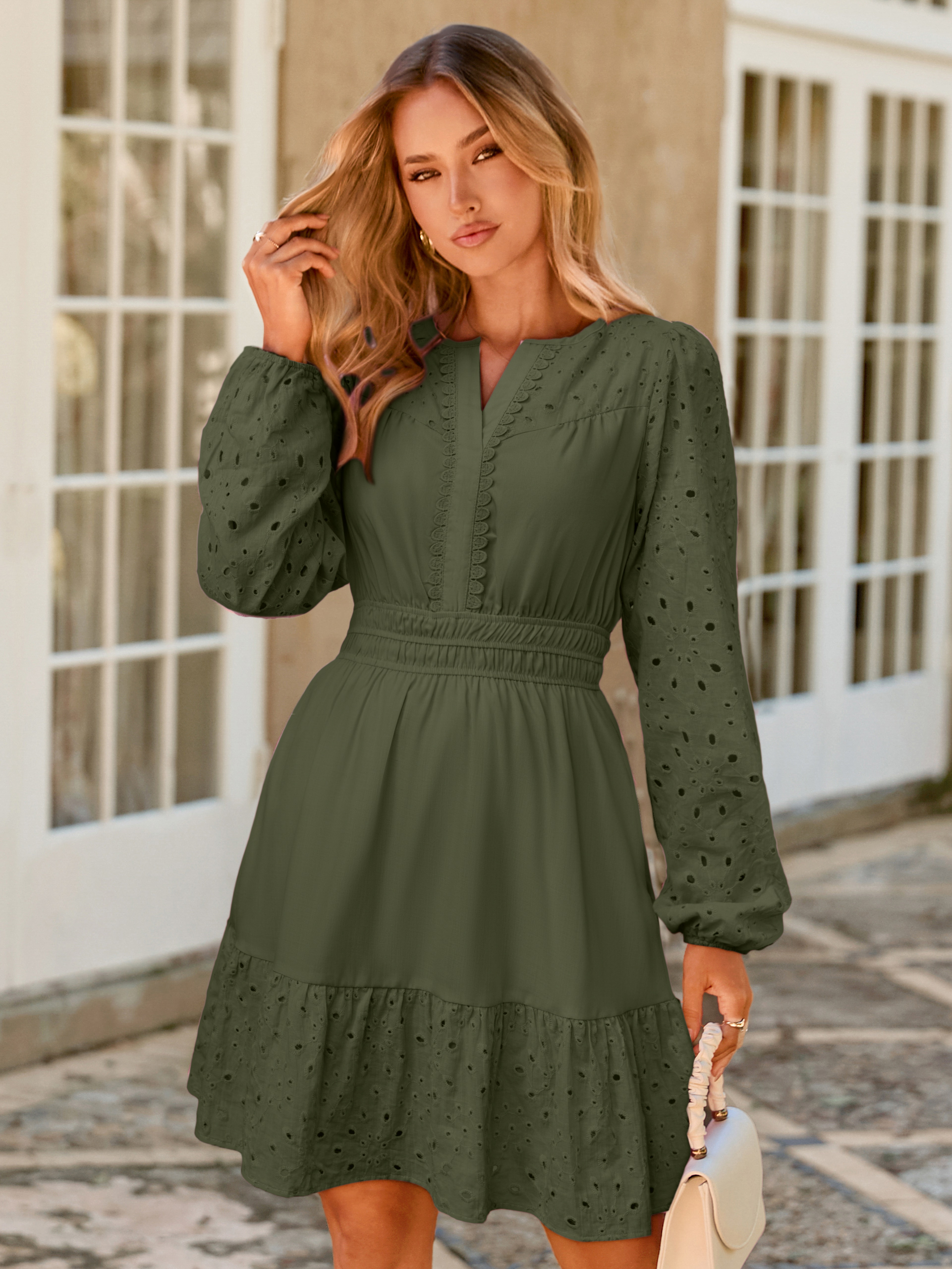 Eyelet V Neck Long Sleeve A Line Mini Dress