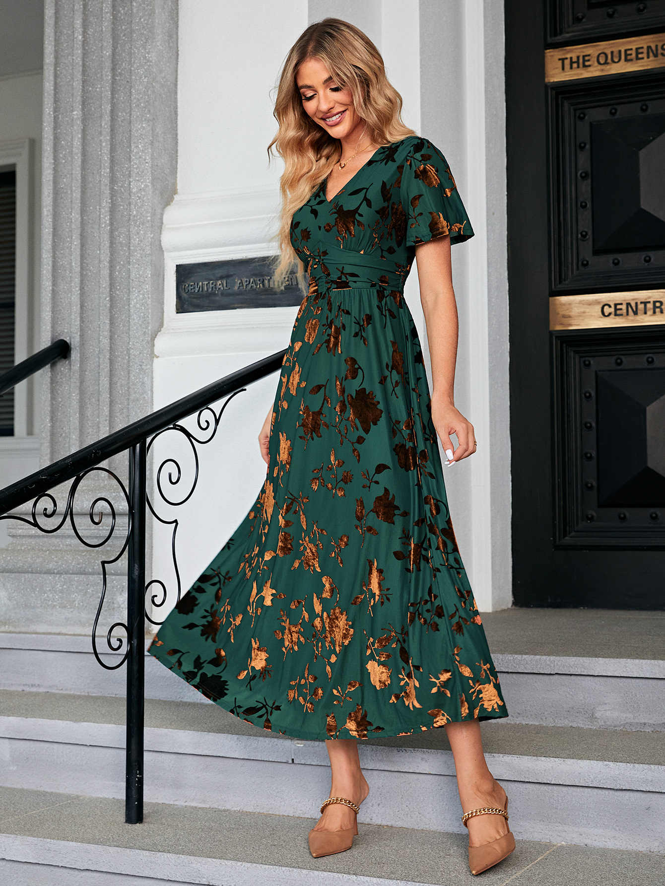 Velvet Burnout Floral V Neck Maxi Dress
