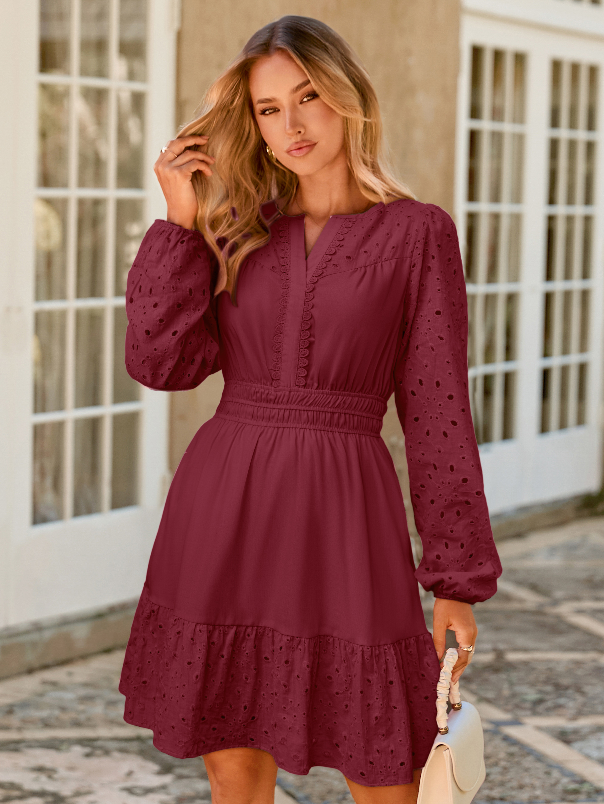 Eyelet V Neck Long Sleeve A Line Mini Dress