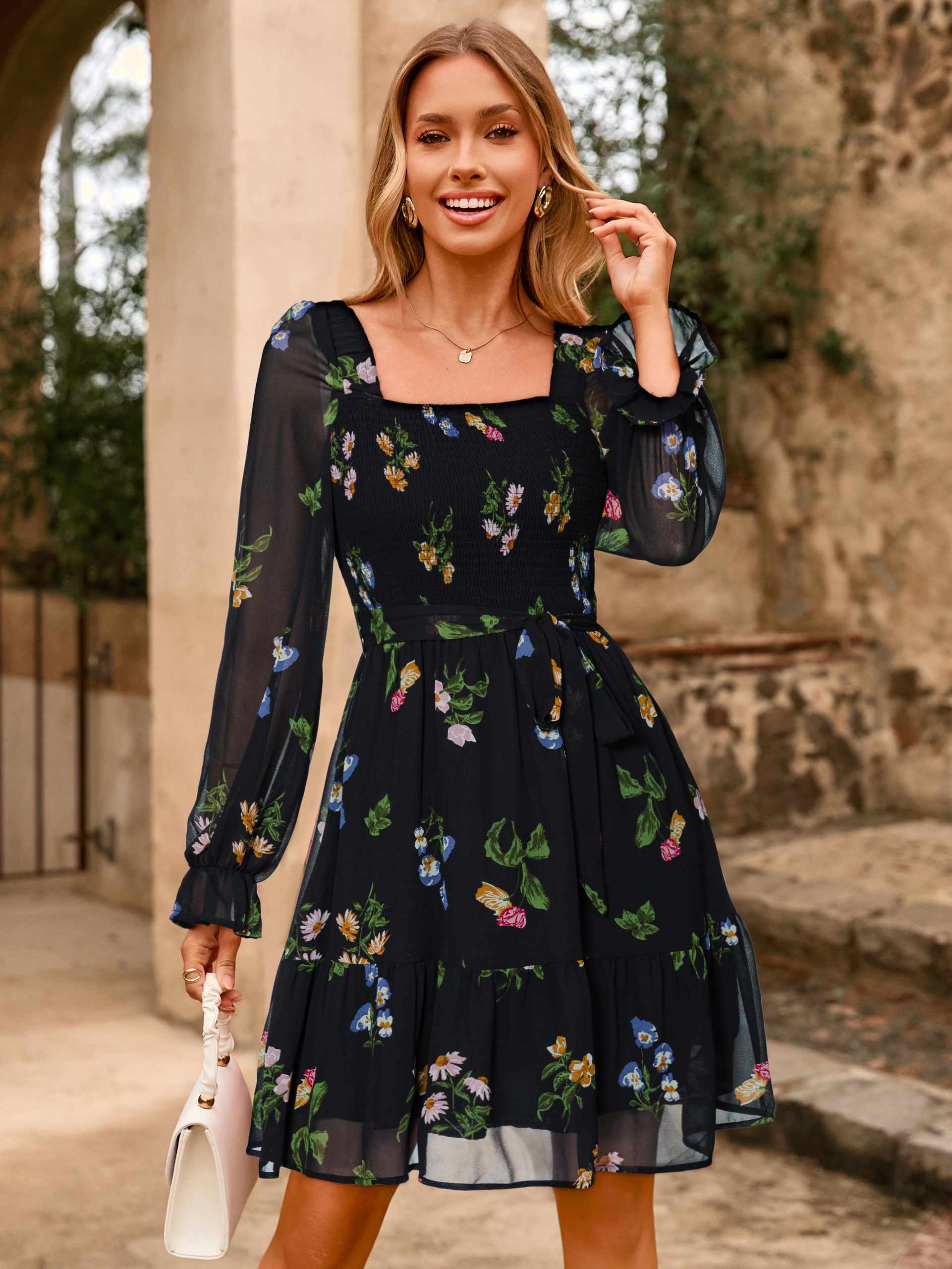 Boho Floral Chiffon Smocked Mini Dress
