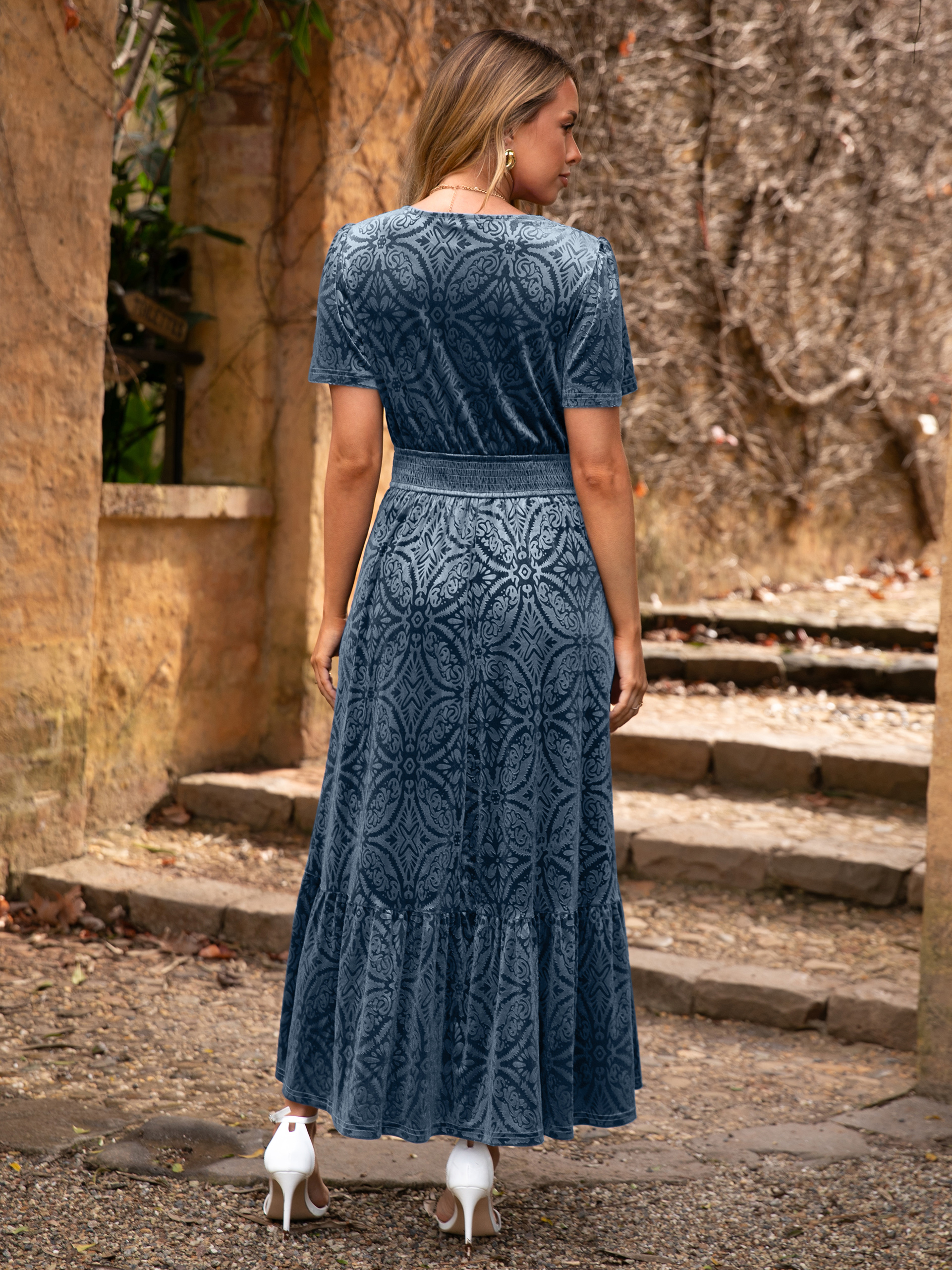 Velvet Floral V Neck Wedding Guest Maxi Dress