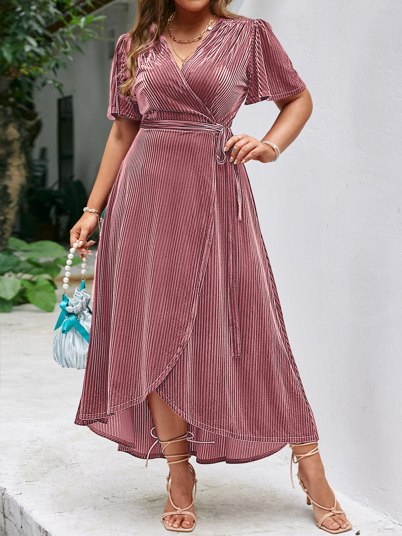 Plus Size Velvet V Neck Short Sleeve Wrap Maxi Dress - Pink