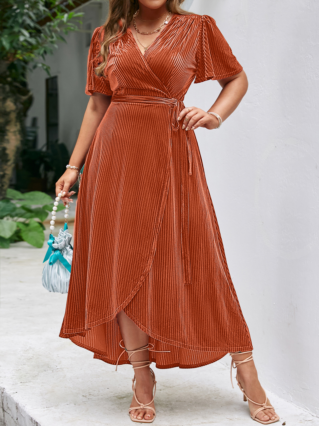 Plus Size Velvet V Neck Short Sleeve Wrap Maxi Dress - Pumpkin