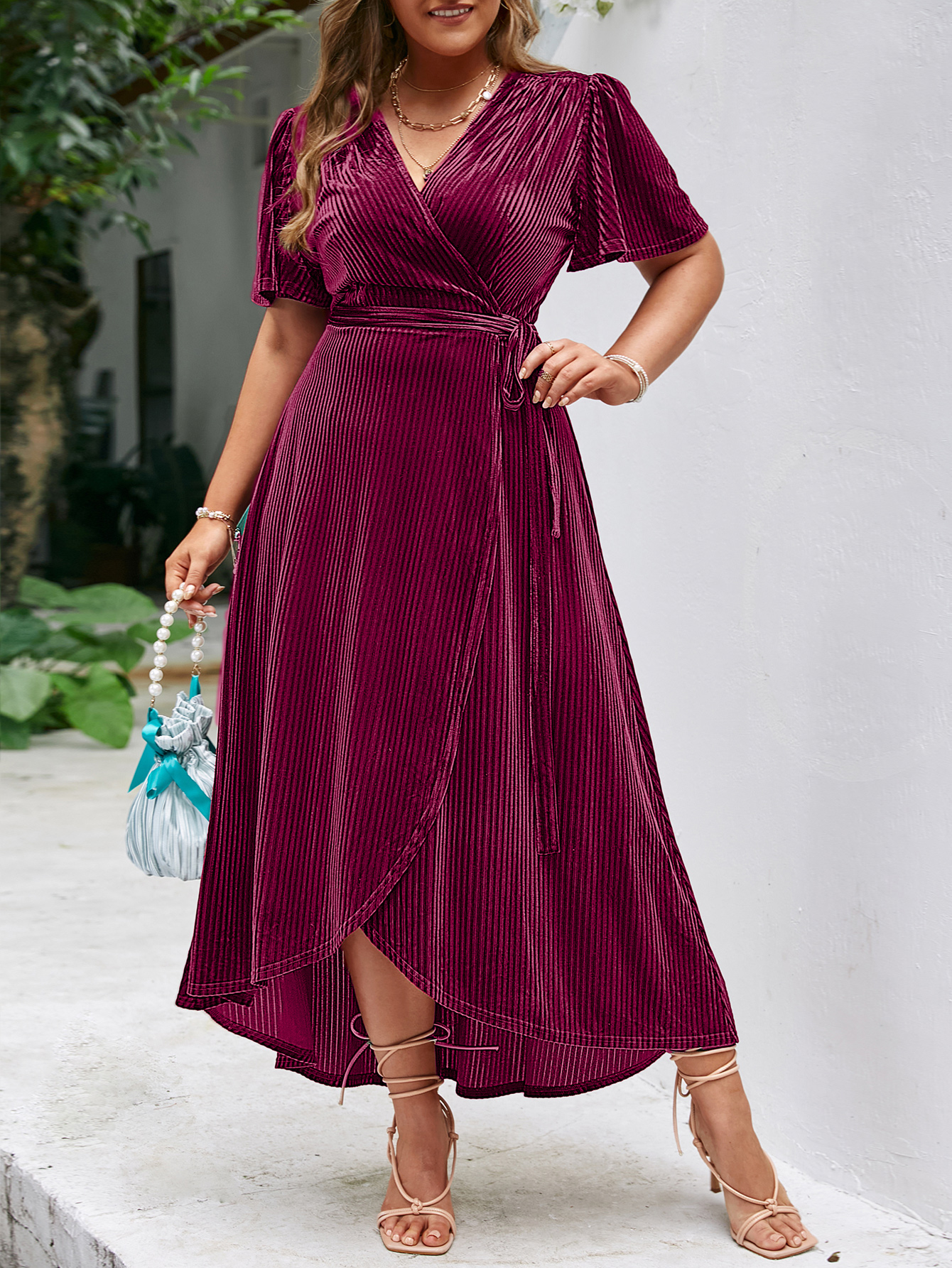 Plus Size Velvet V Neck Short Sleeve Wrap Maxi Dress - Purple