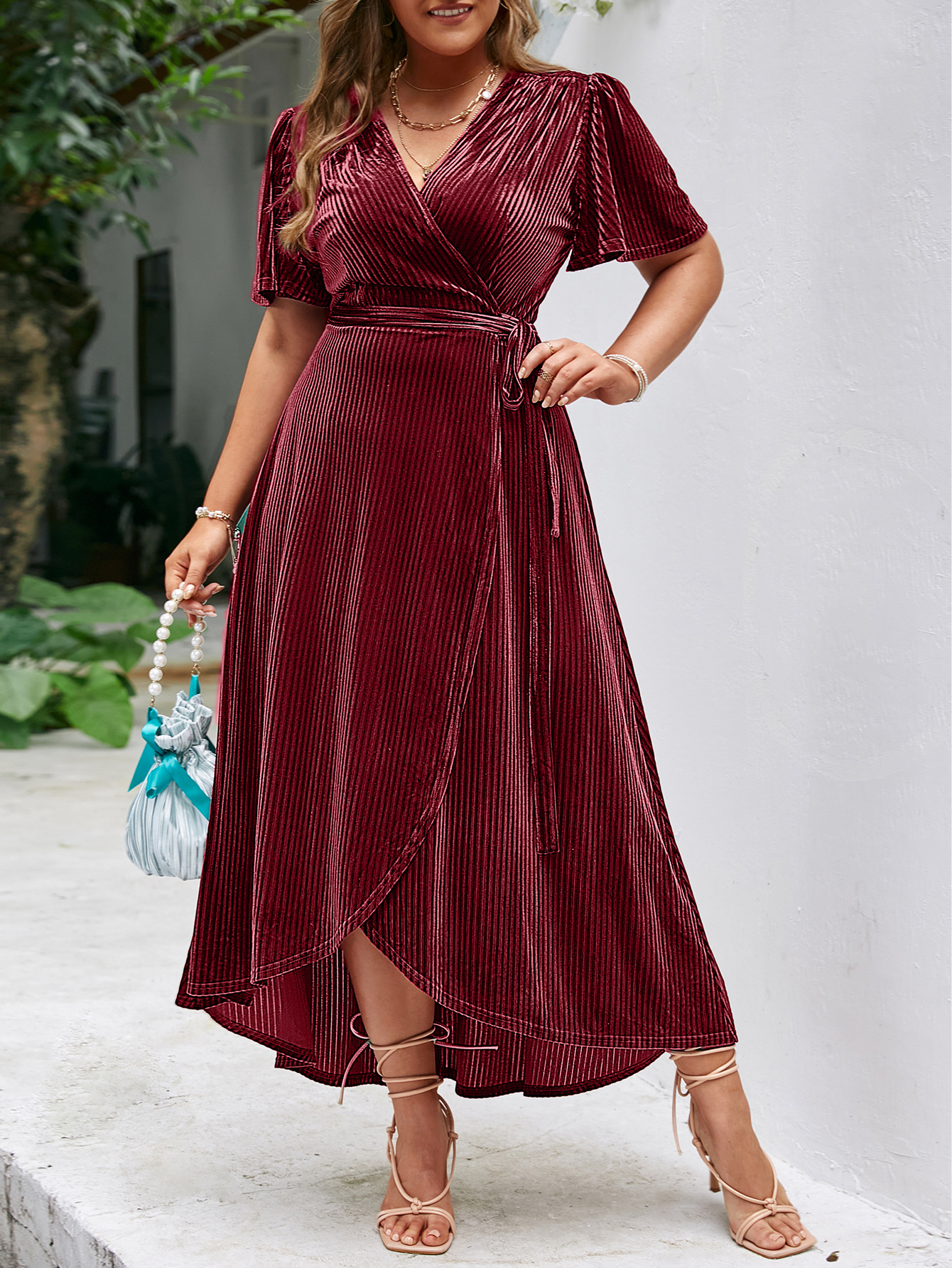 Plus Size Velvet V Neck Short Sleeve Wrap Maxi Dress - Dusty Pink