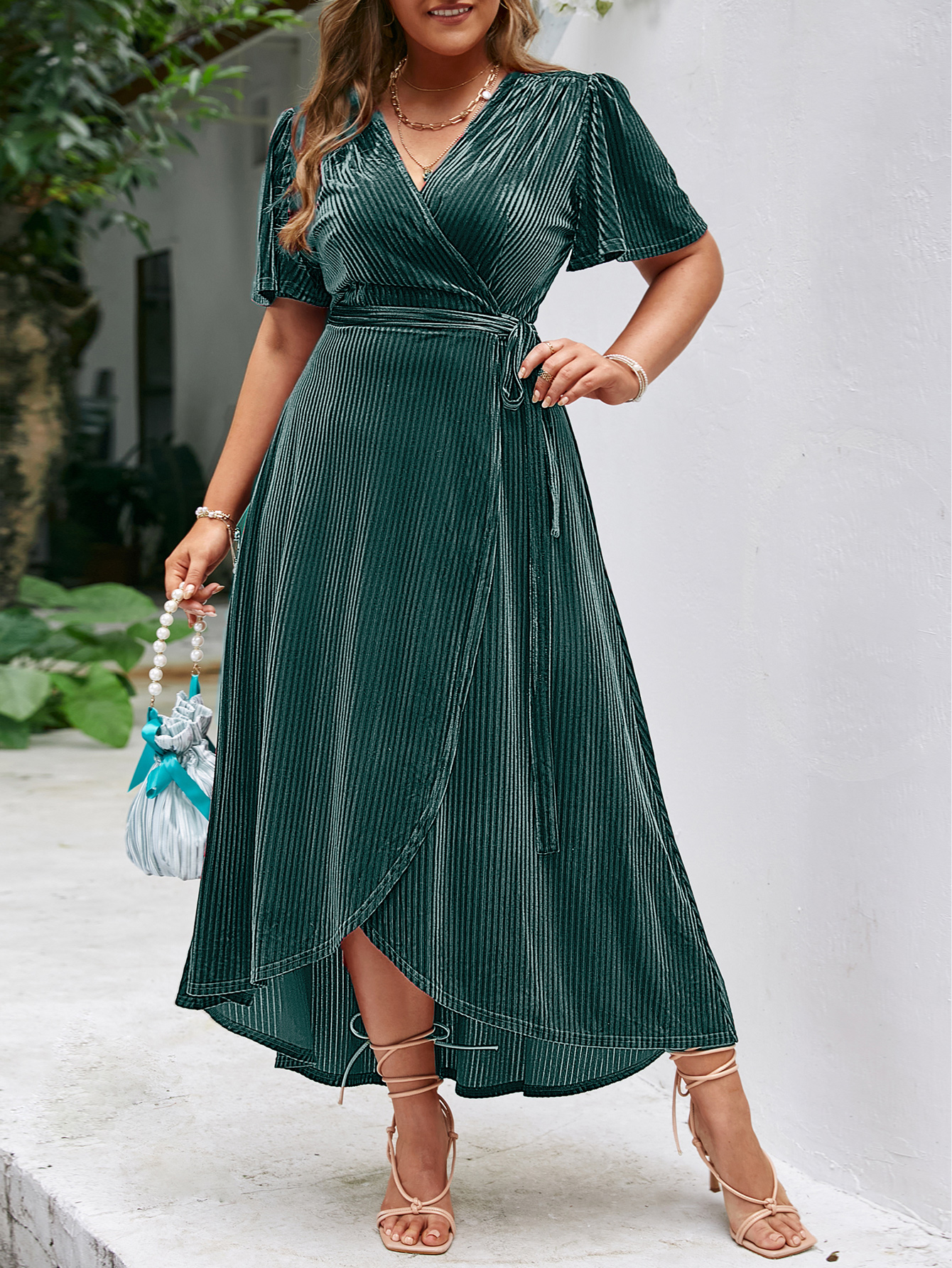 Plus Size Velvet V Neck Short Sleeve Wrap Maxi Dress - Teal