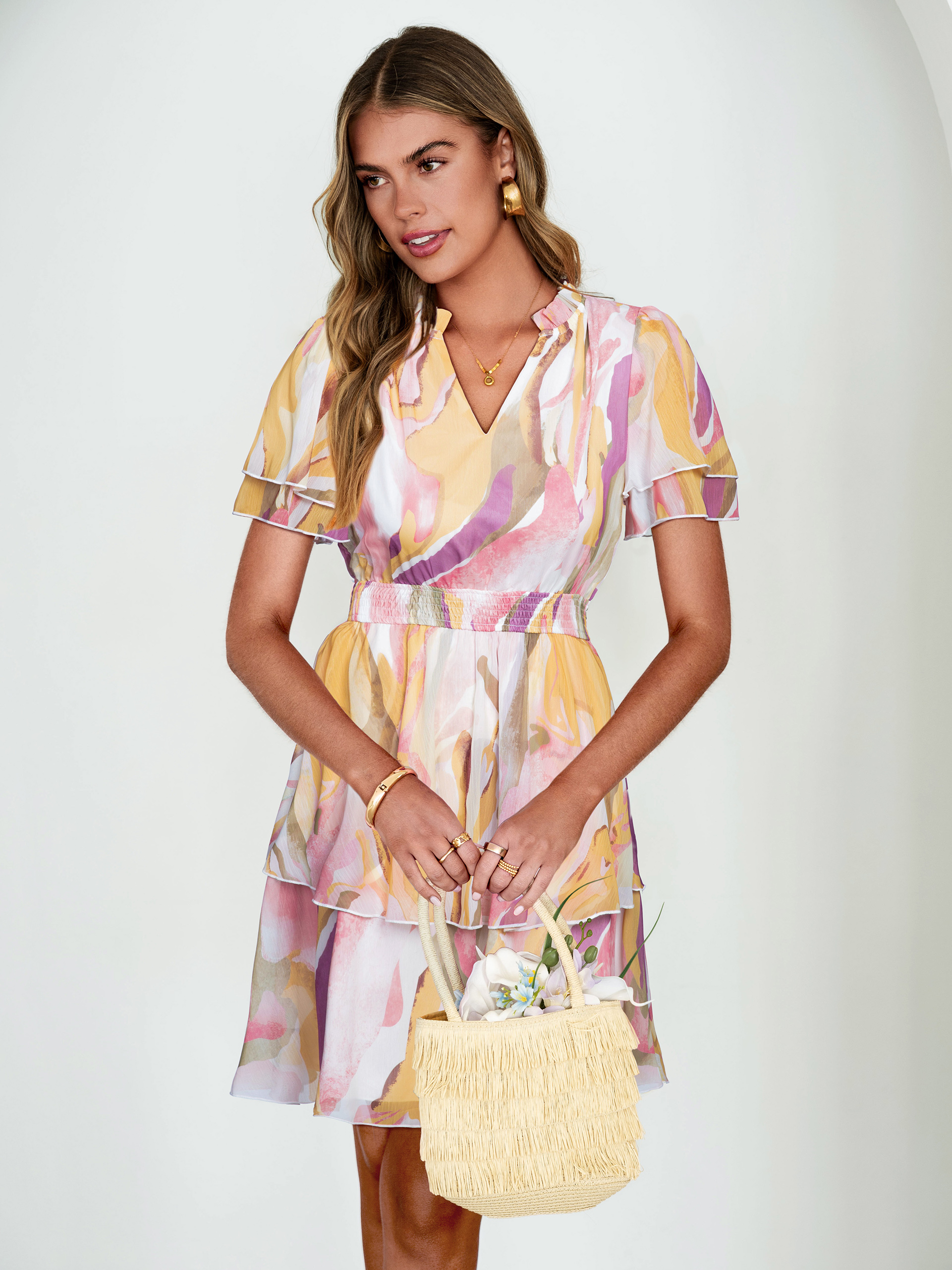 Floral Print V Neck Smocked Tiered Mini Dress - Pink Yellow Floral