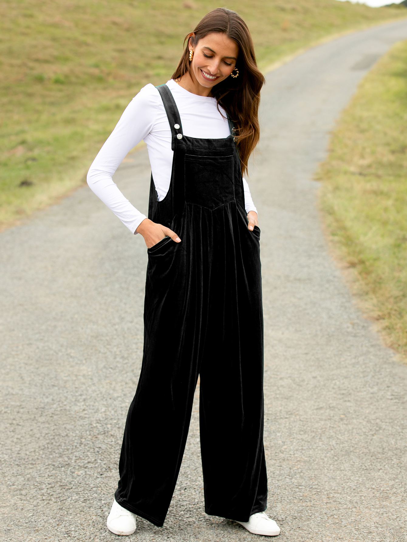 Velvet Sleeveless Square Neck Wide Leg Jumpsuit - Black