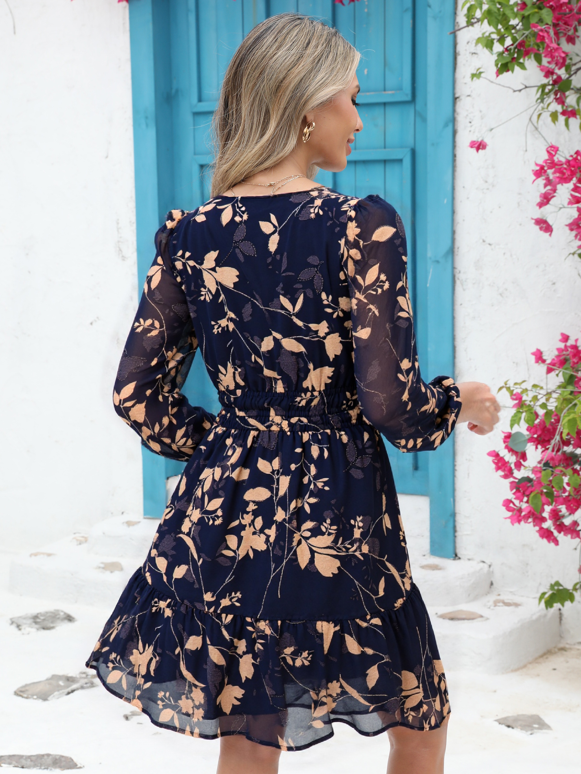 Boho V Neck A Line Floral Chiffon Mini Dress