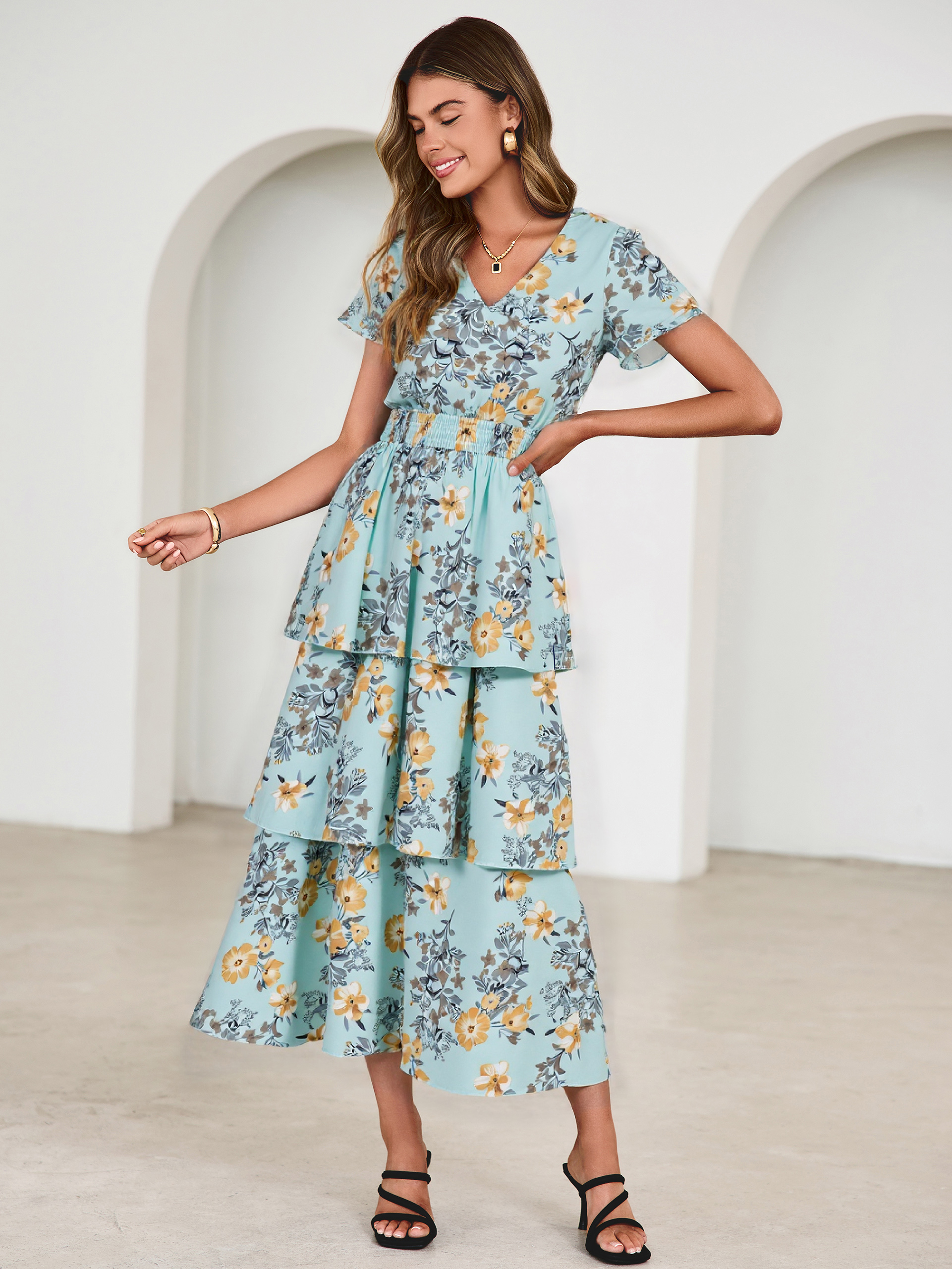 Ruffle Tiered Floral Wedding Guest Maxi Dress - Green Yellow Floral