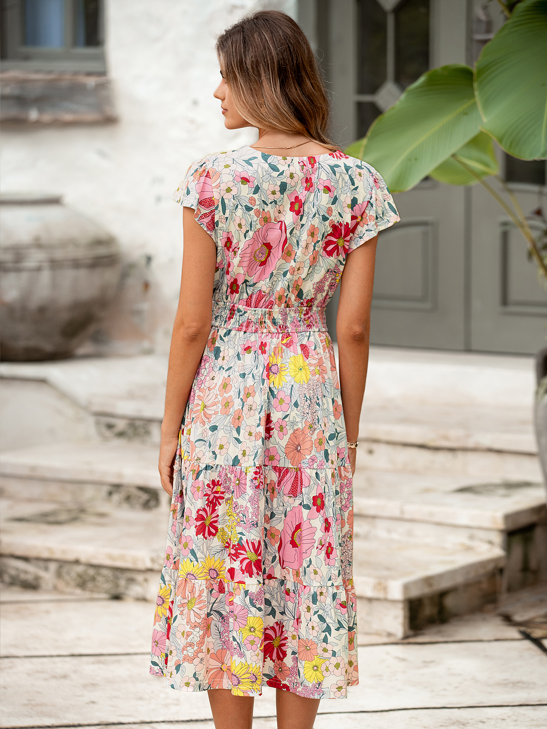 Boho Floral Flutter Sleeve Smocked Midi Dress