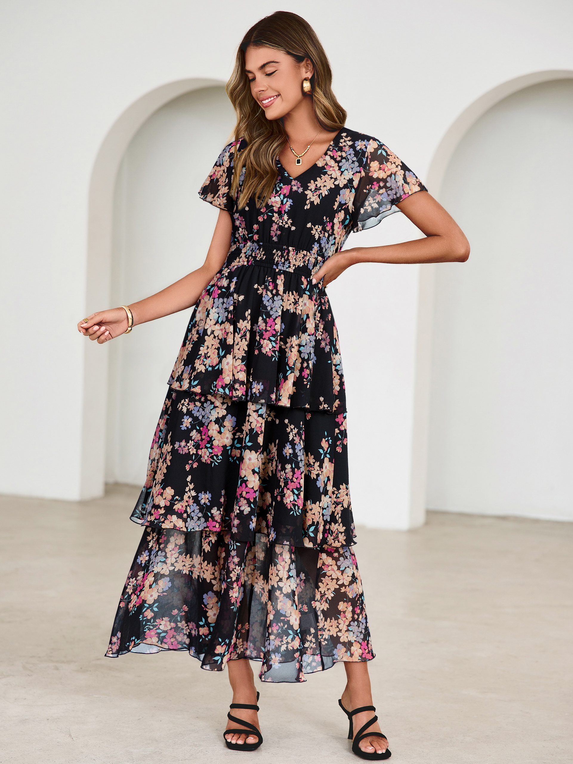 Ruffle Tiered Floral Wedding Guest Maxi Dress - Black Yellow Floral