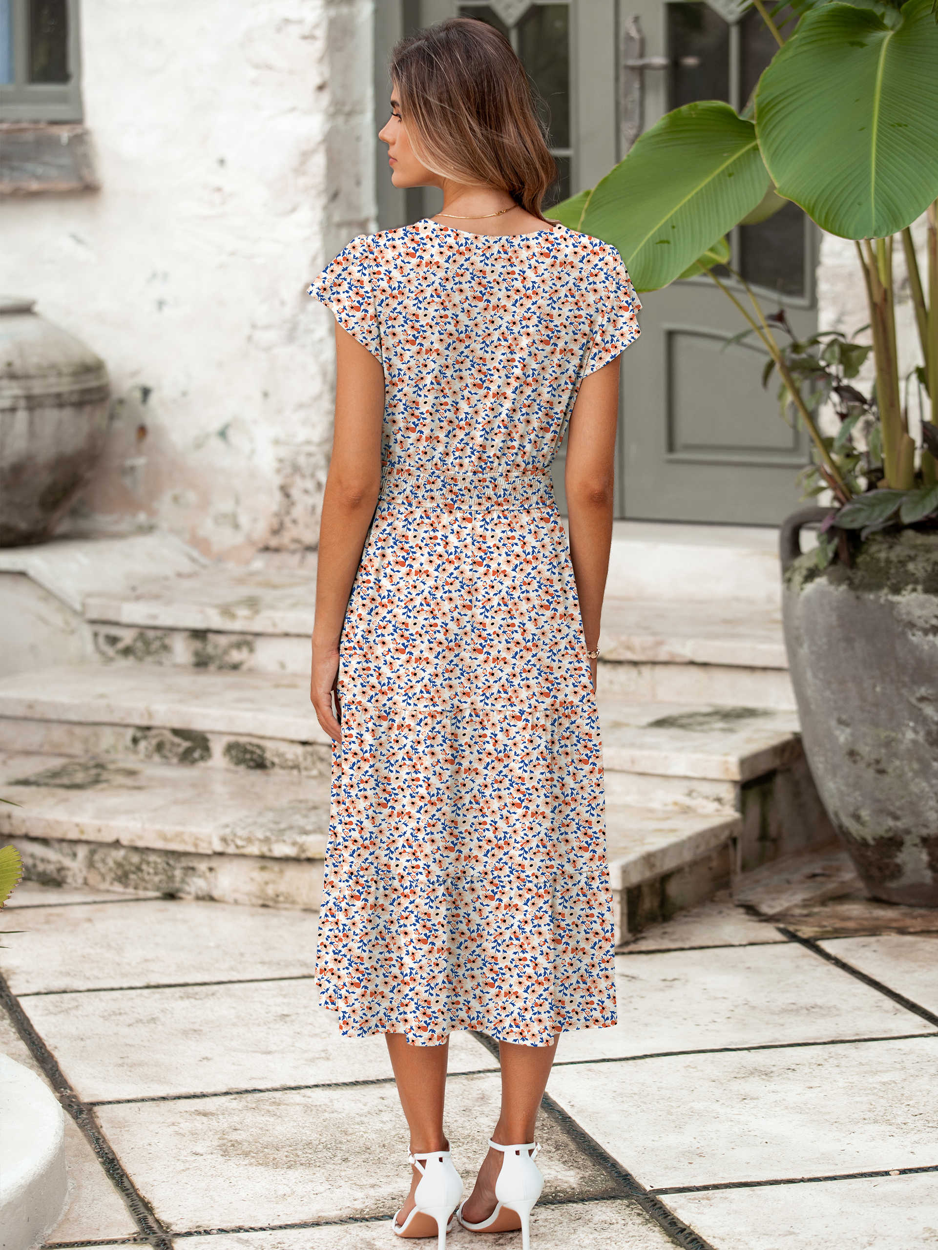 Boho Floral Flutter Sleeve Smocked Midi Dress