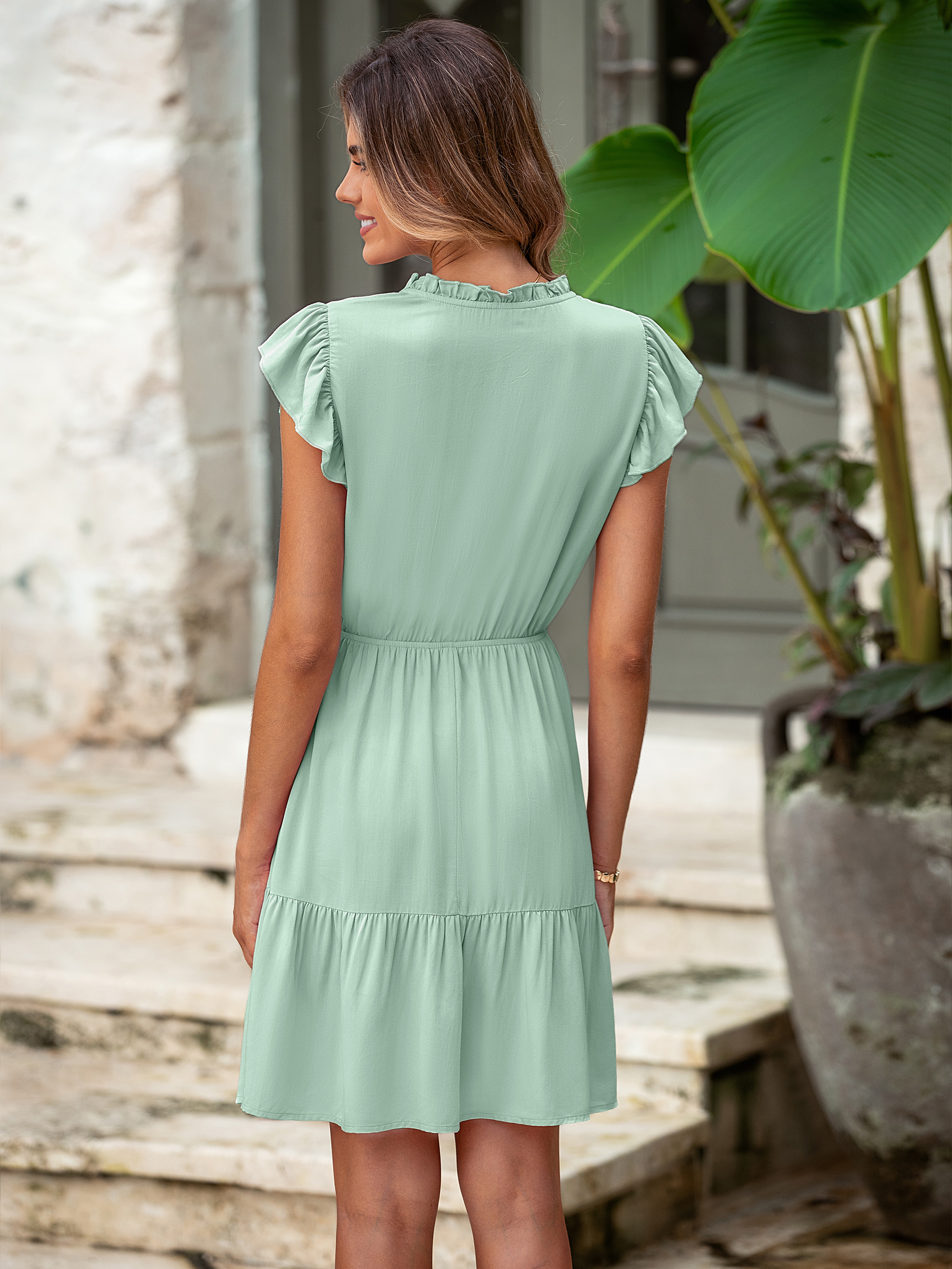 Solid Ruffle Sleeve Tie Neck Drawstring Mini Dress