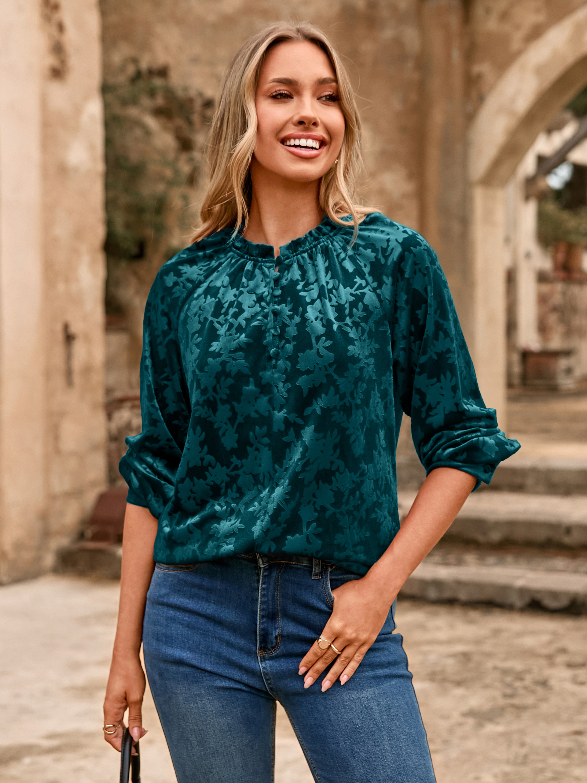Velvet Button Down Long Sleeve Dressy Casual Blouse