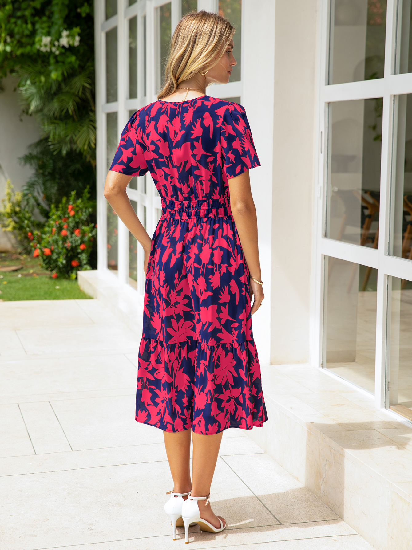 Boho Floral Smocked Waist Tiered Midi Dress