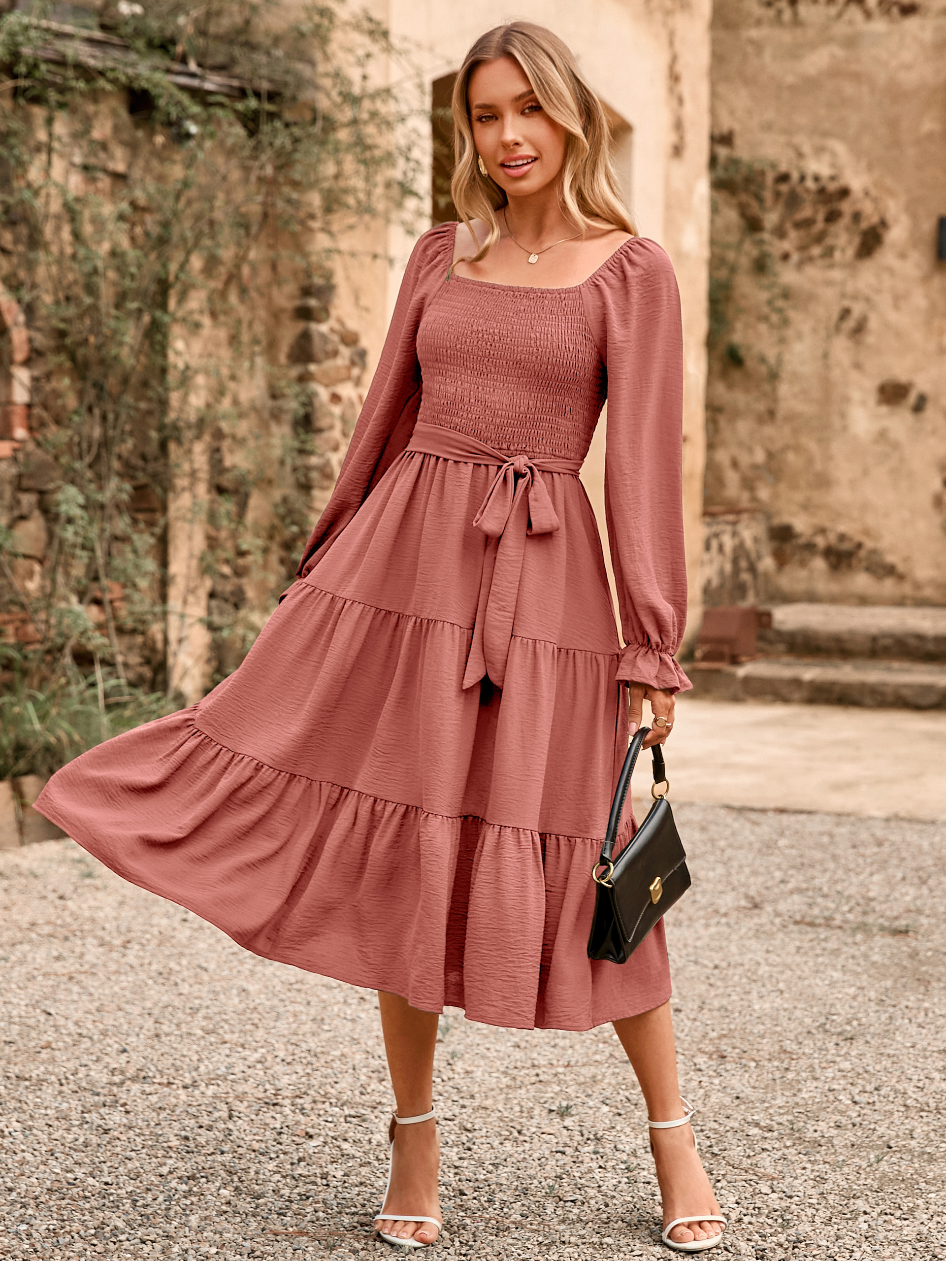 Square Neck Ruched Smocked Tiered Maxi Dress - Rose Pink