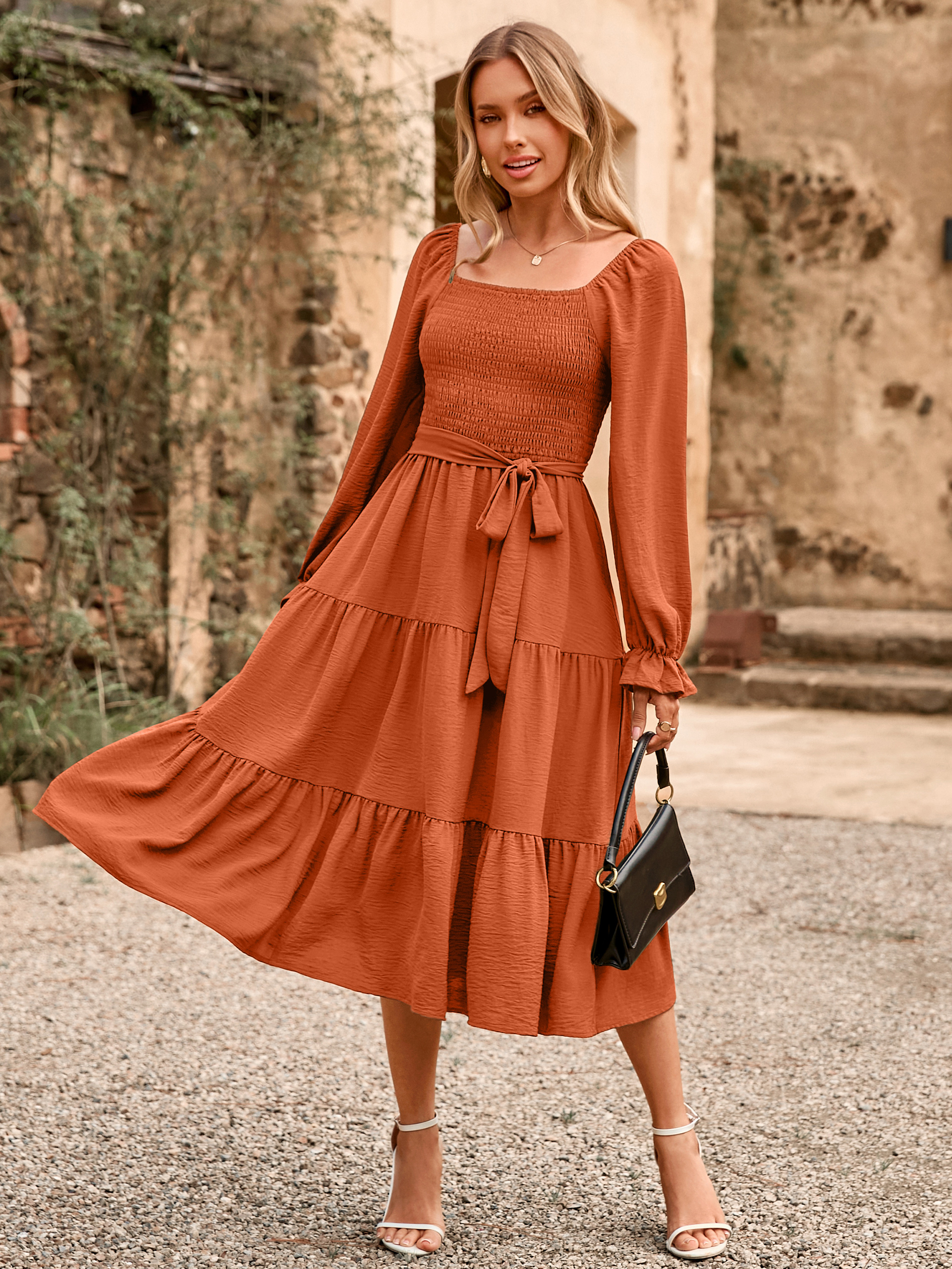 Square Neck Ruched Smocked Tiered Maxi Dress - Pumpkin