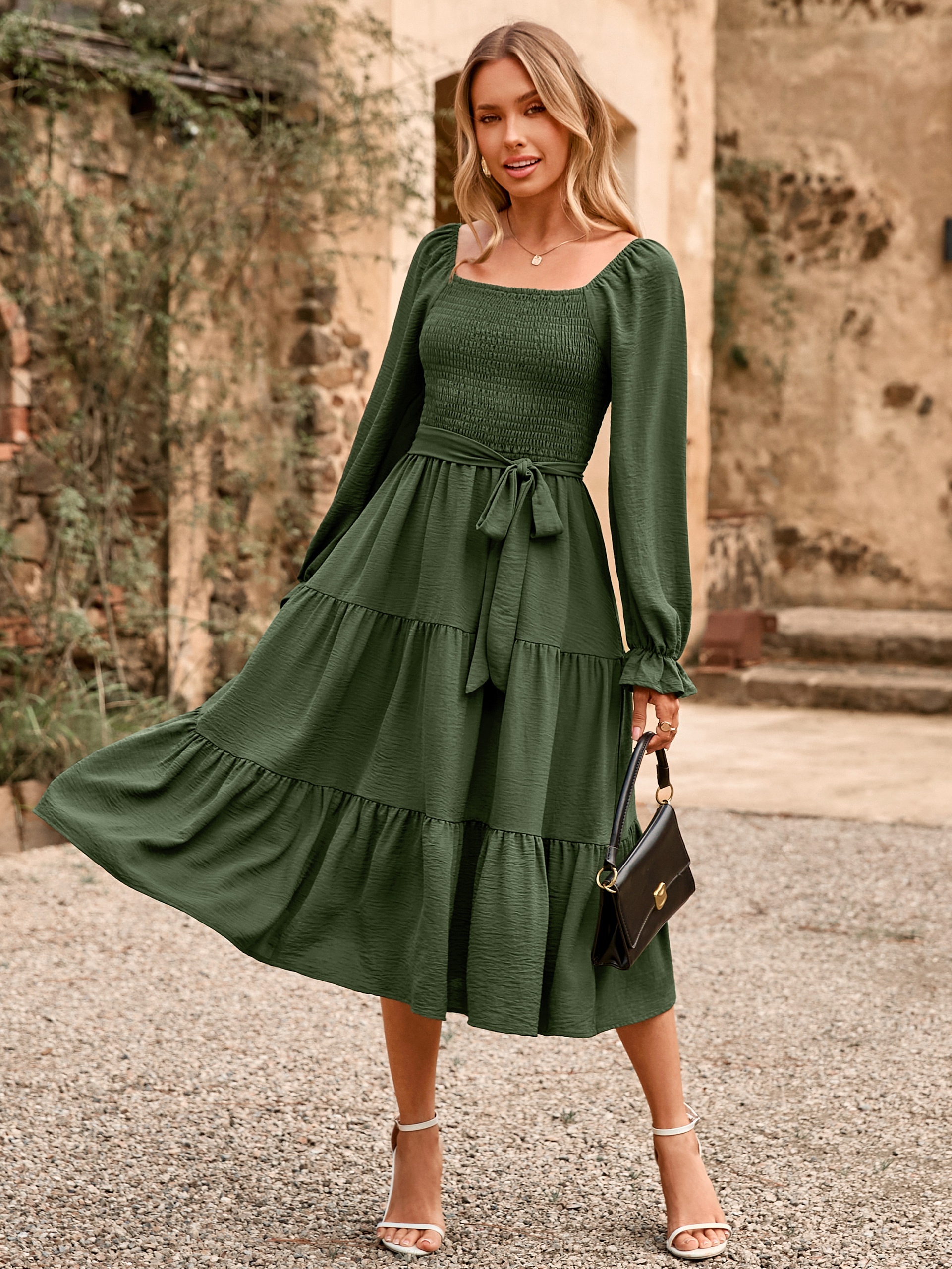 Square Neck Ruched Smocked Tiered Maxi Dress - Army Green