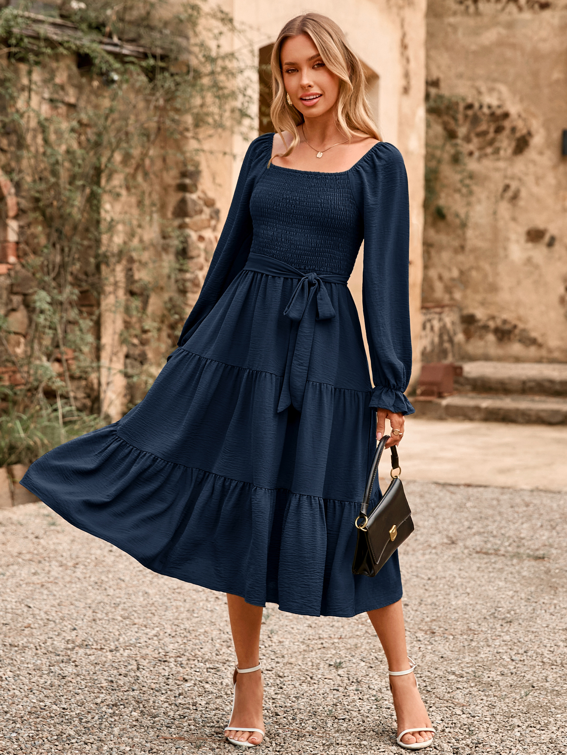 Square Neck Ruched Smocked Tiered Maxi Dress - Navy Blue