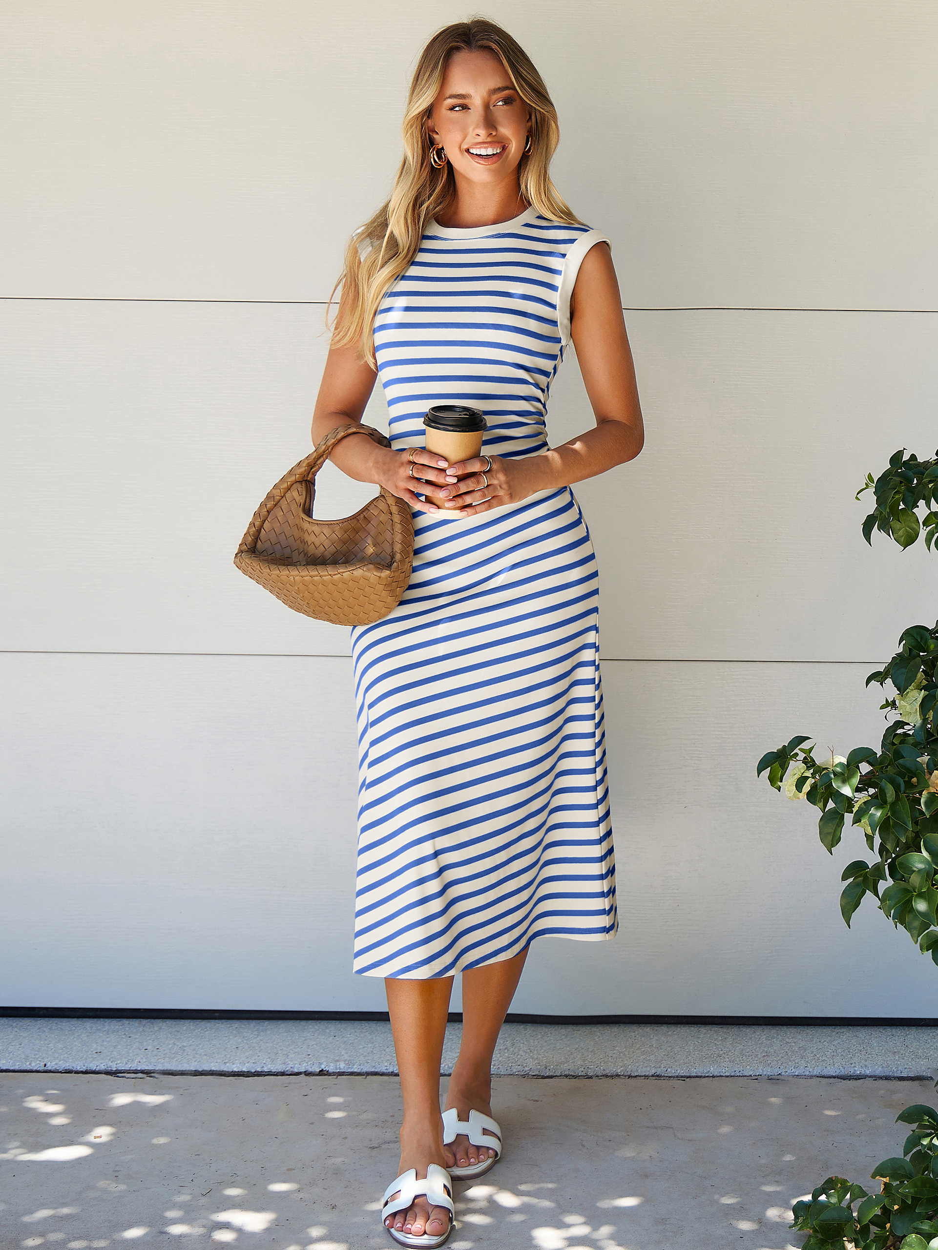 Striped Sleeveless Crew Neck A-Line Midi Dress