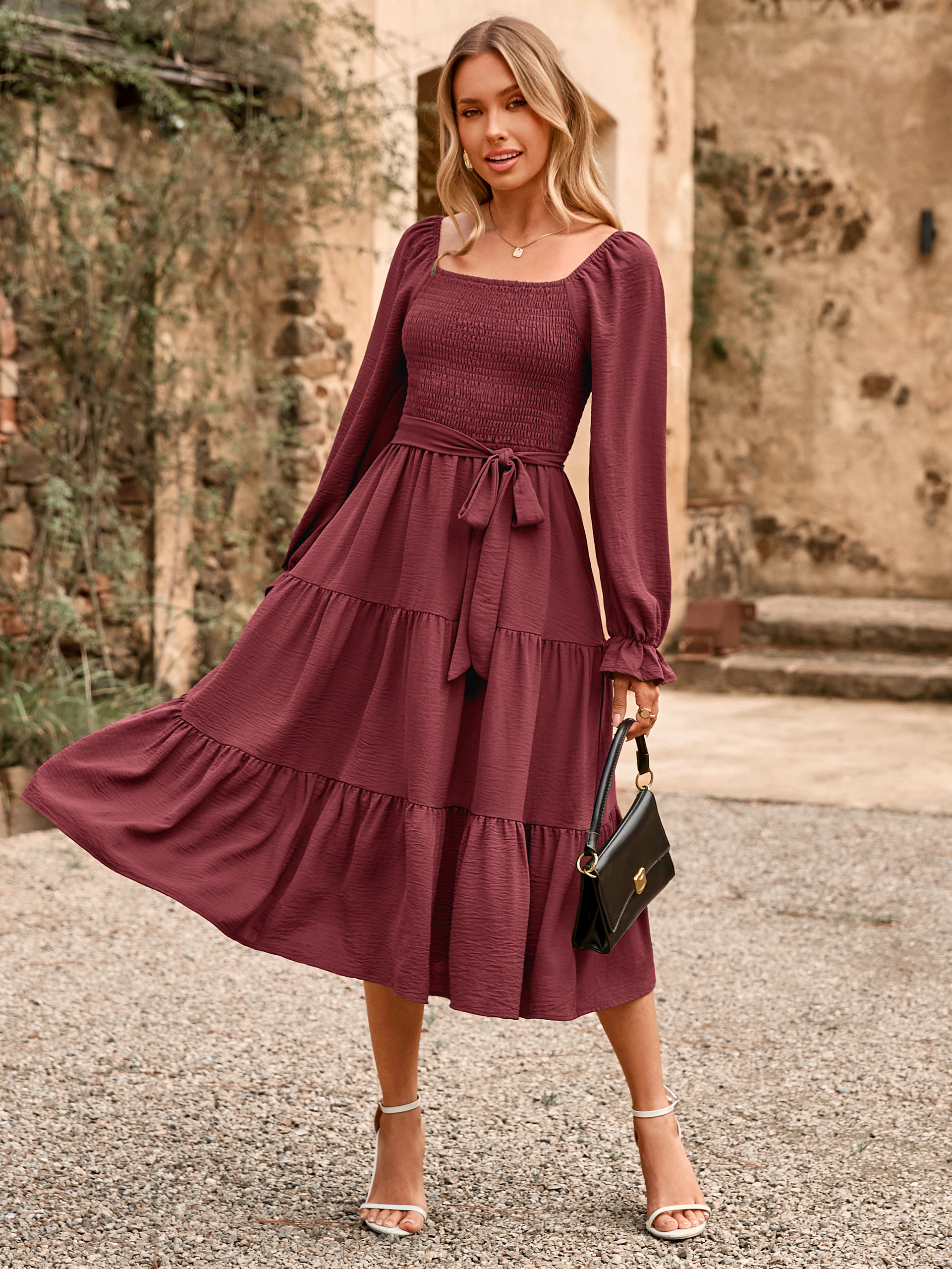 Square Neck Ruched Smocked Tiered Maxi Dress - Wine Red