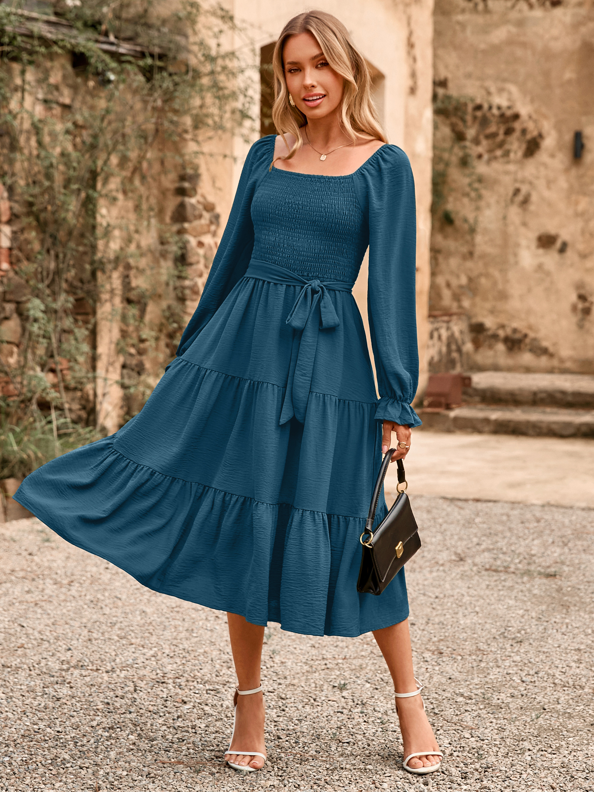 Square Neck Ruched Smocked Tiered Maxi Dress - Ink Blue