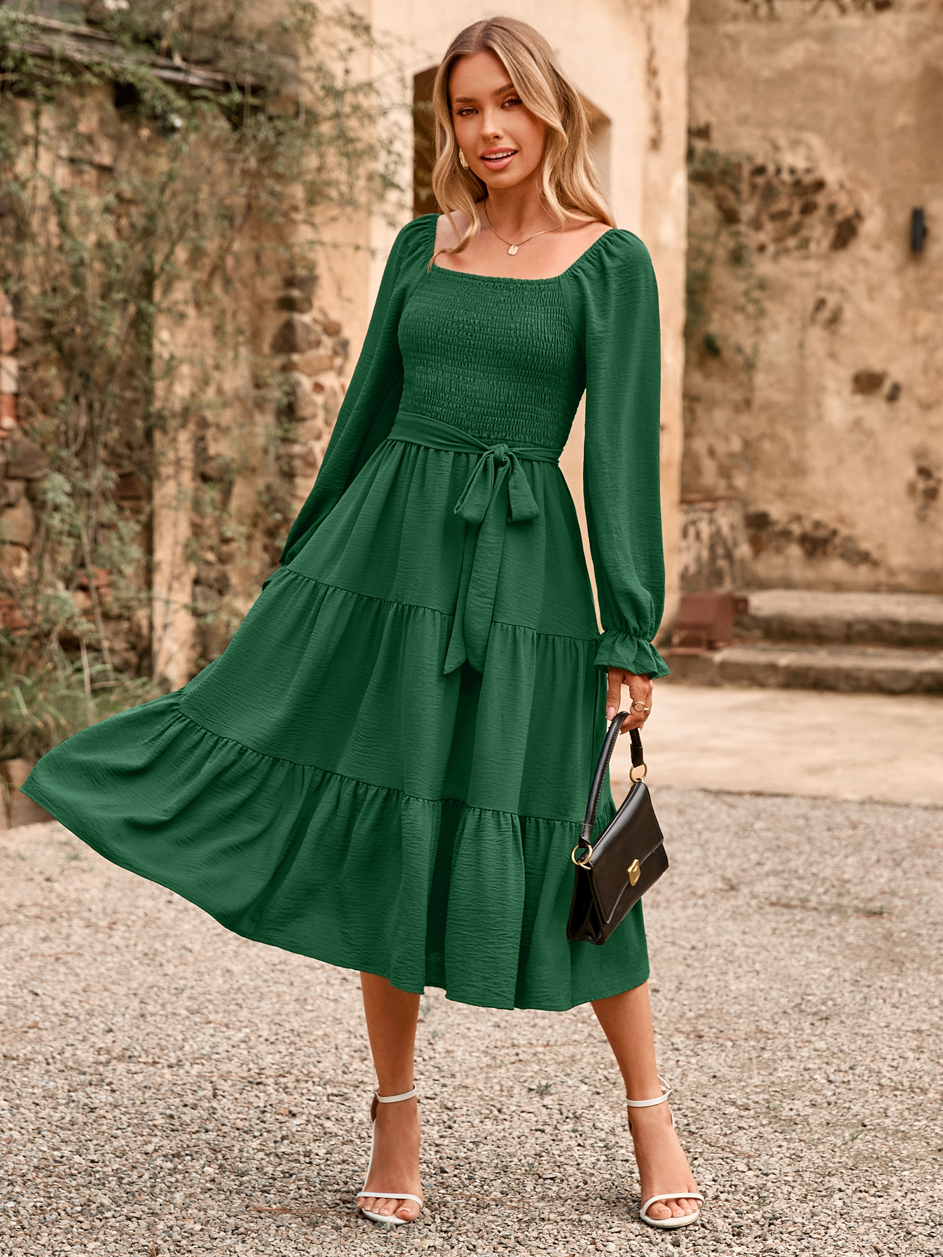 Square Neck Ruched Smocked Tiered Maxi Dress - Dark Green