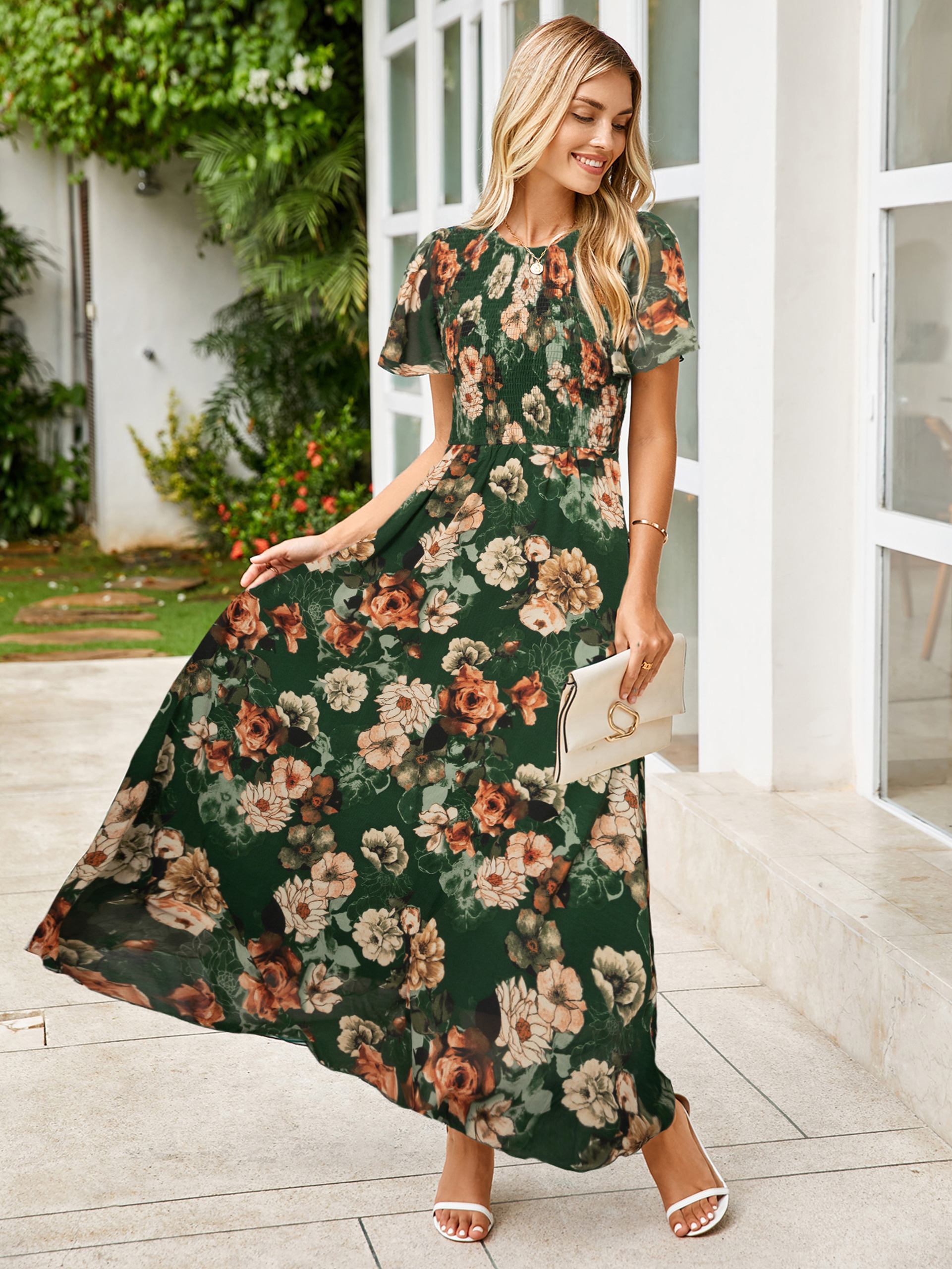 Chiffon Flutter Sleeve Smocked Floral Maxi Dress