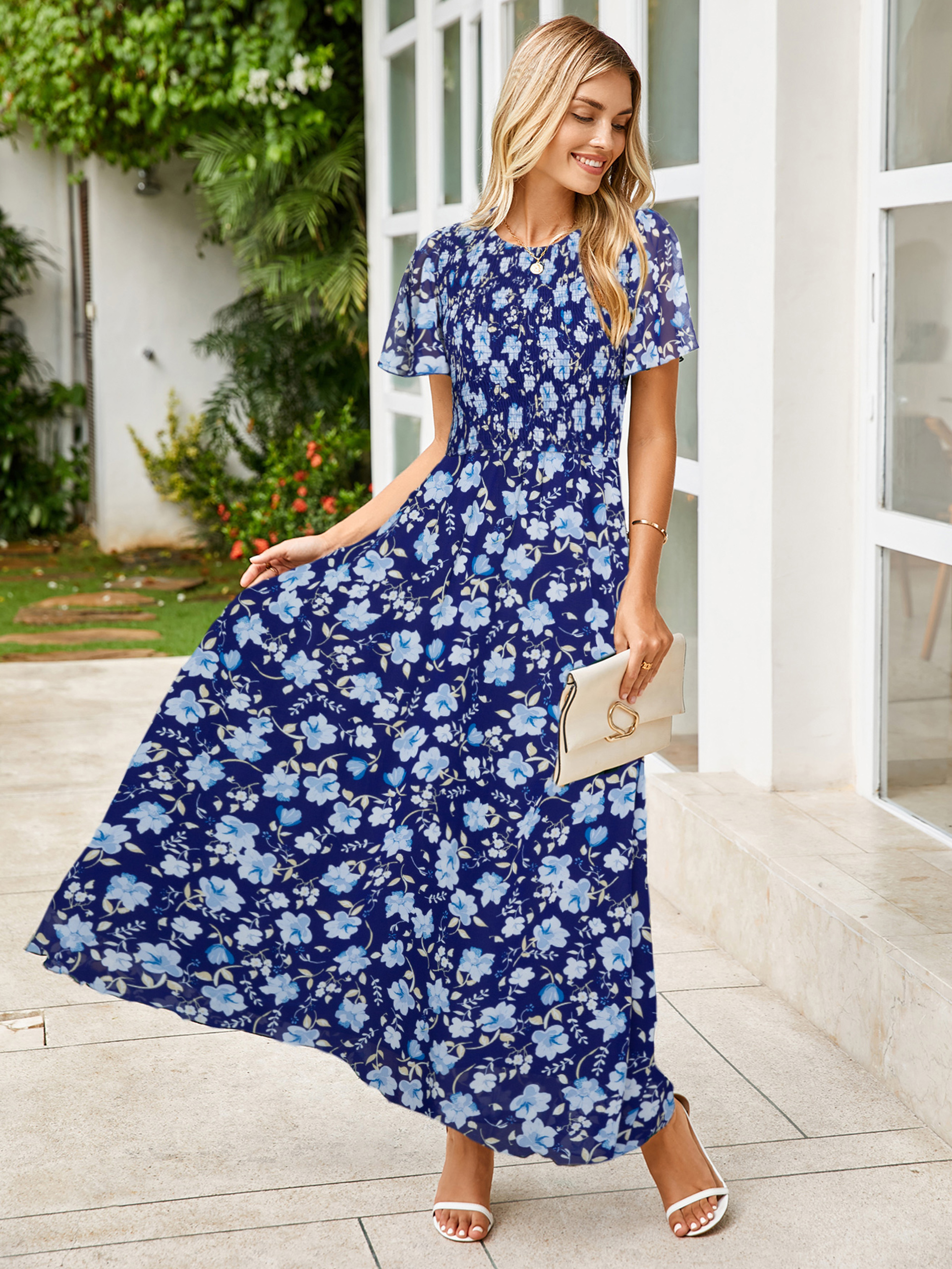 Chiffon Flutter Sleeve Smocked Floral Maxi Dress
