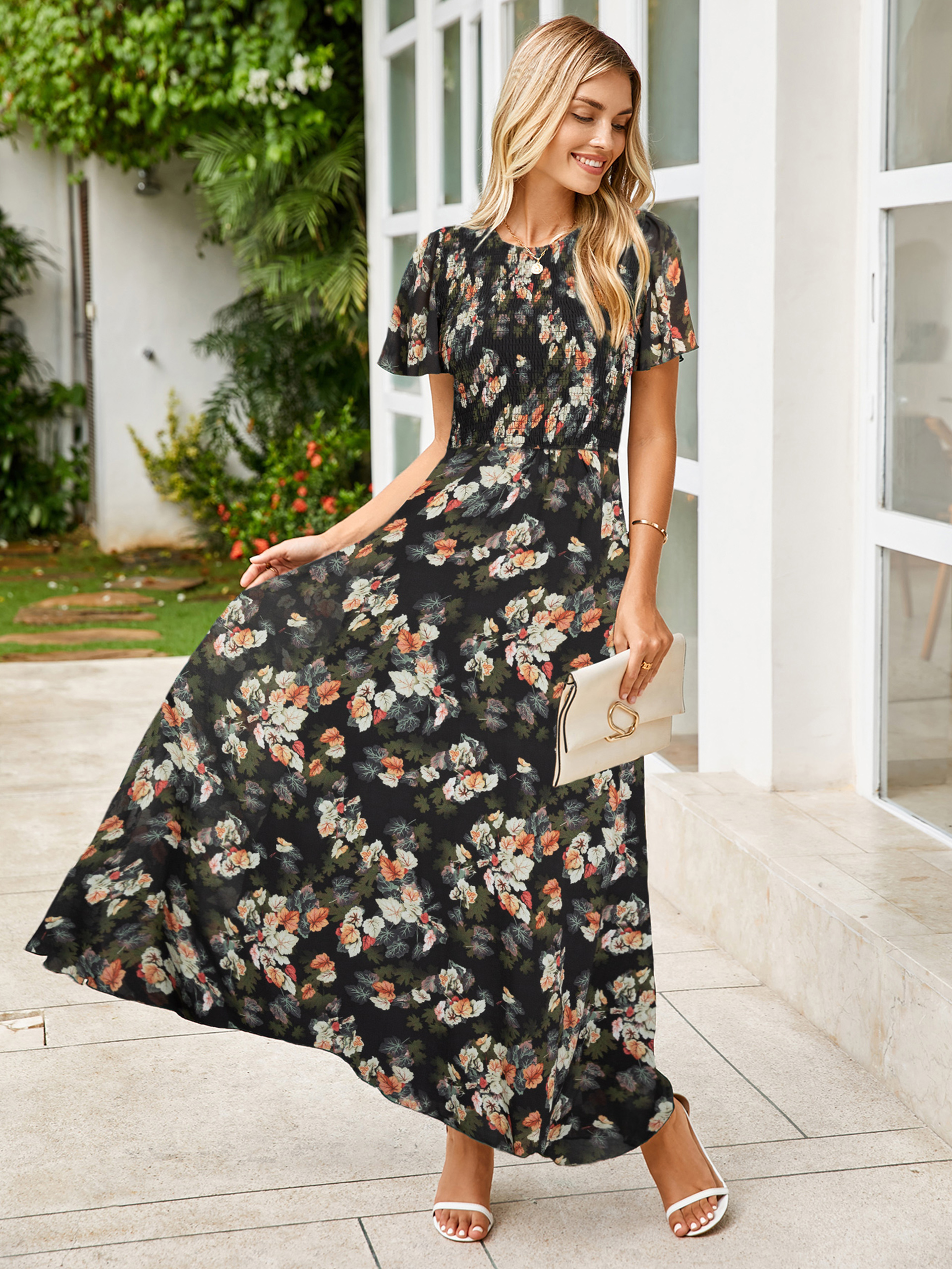 Chiffon Flutter Sleeve Smocked Floral Maxi Dress