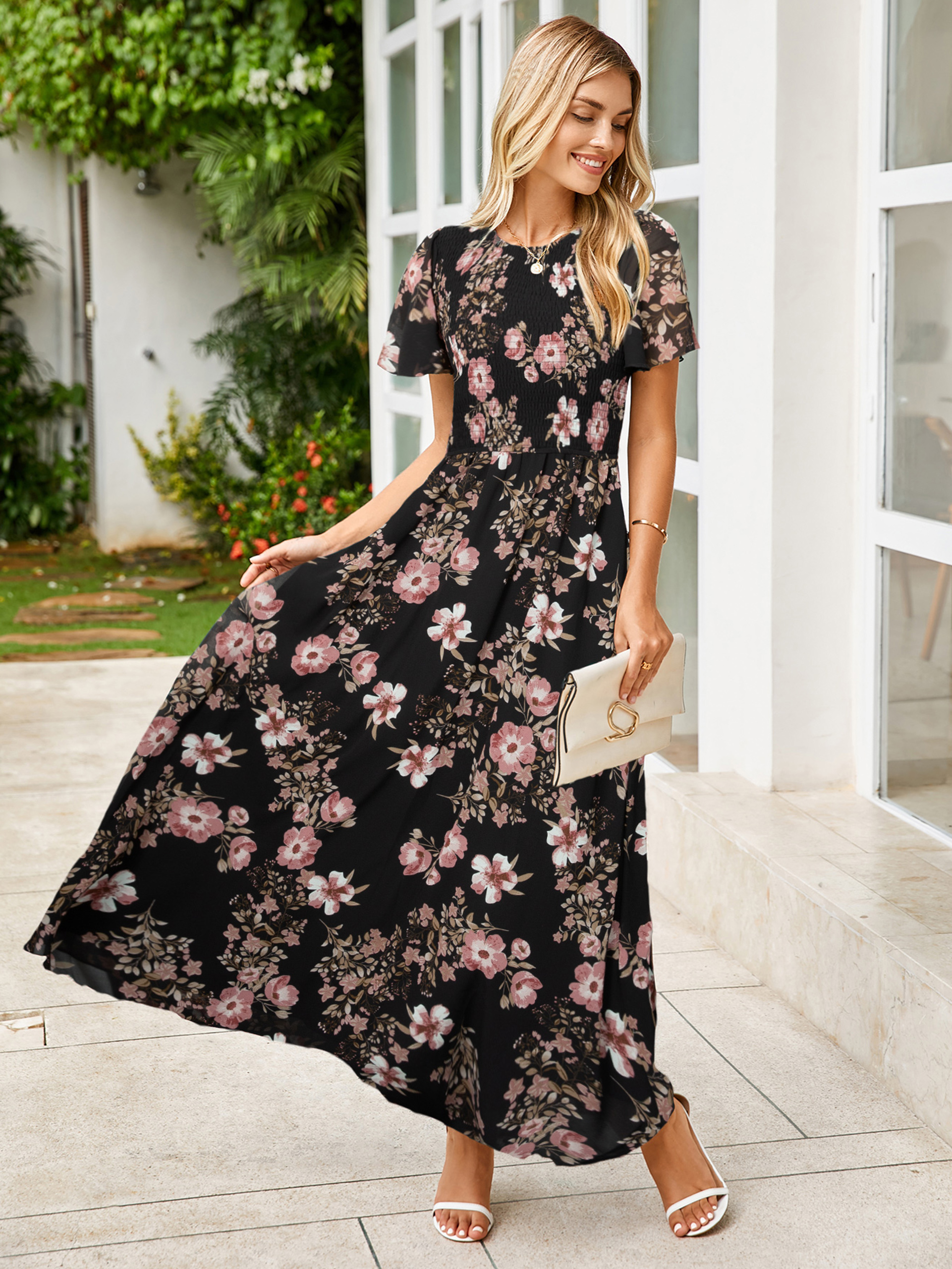 Chiffon Flutter Sleeve Smocked Floral Maxi Dress