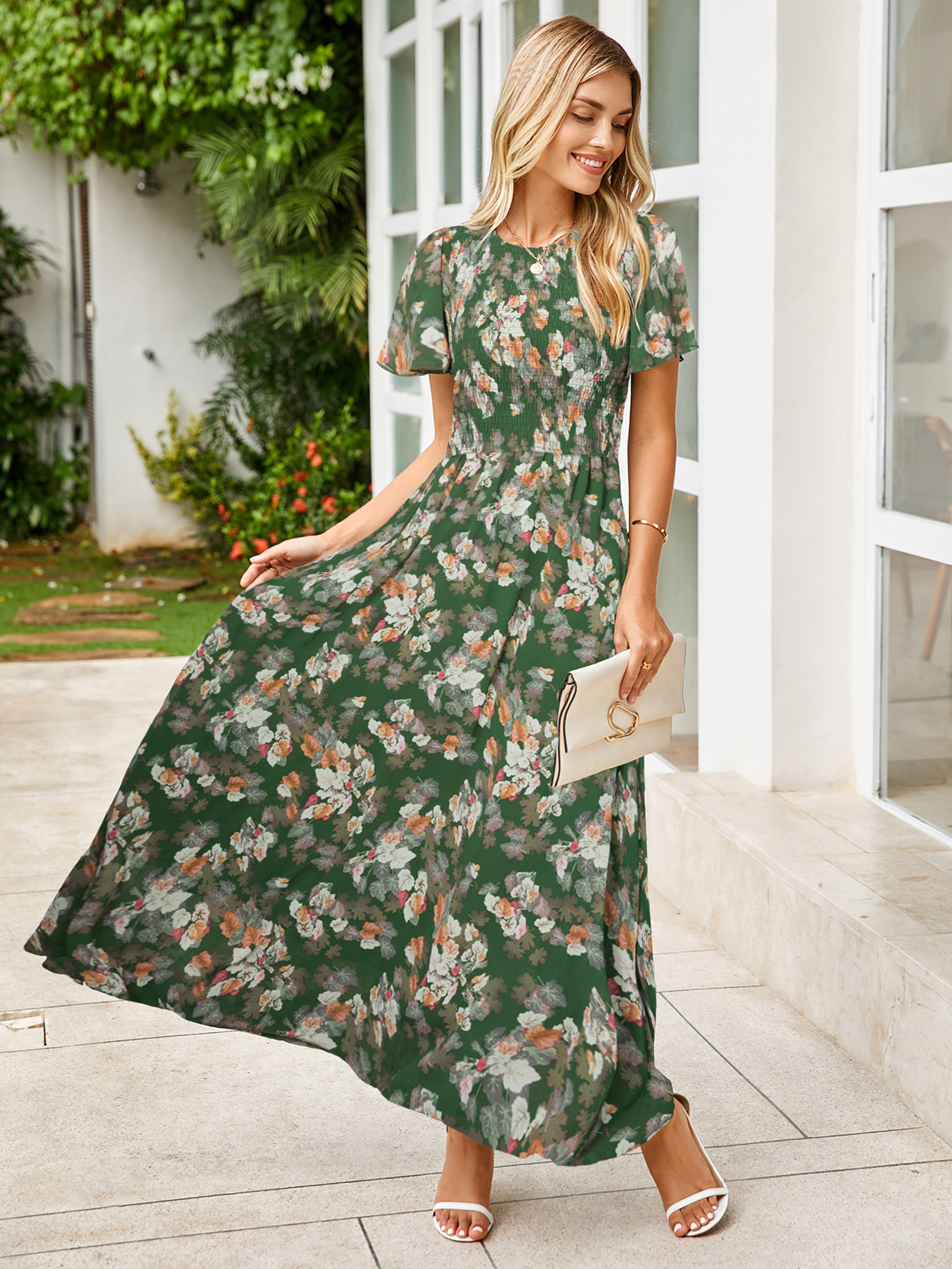 Chiffon Flutter Sleeve Smocked Floral Maxi Dress