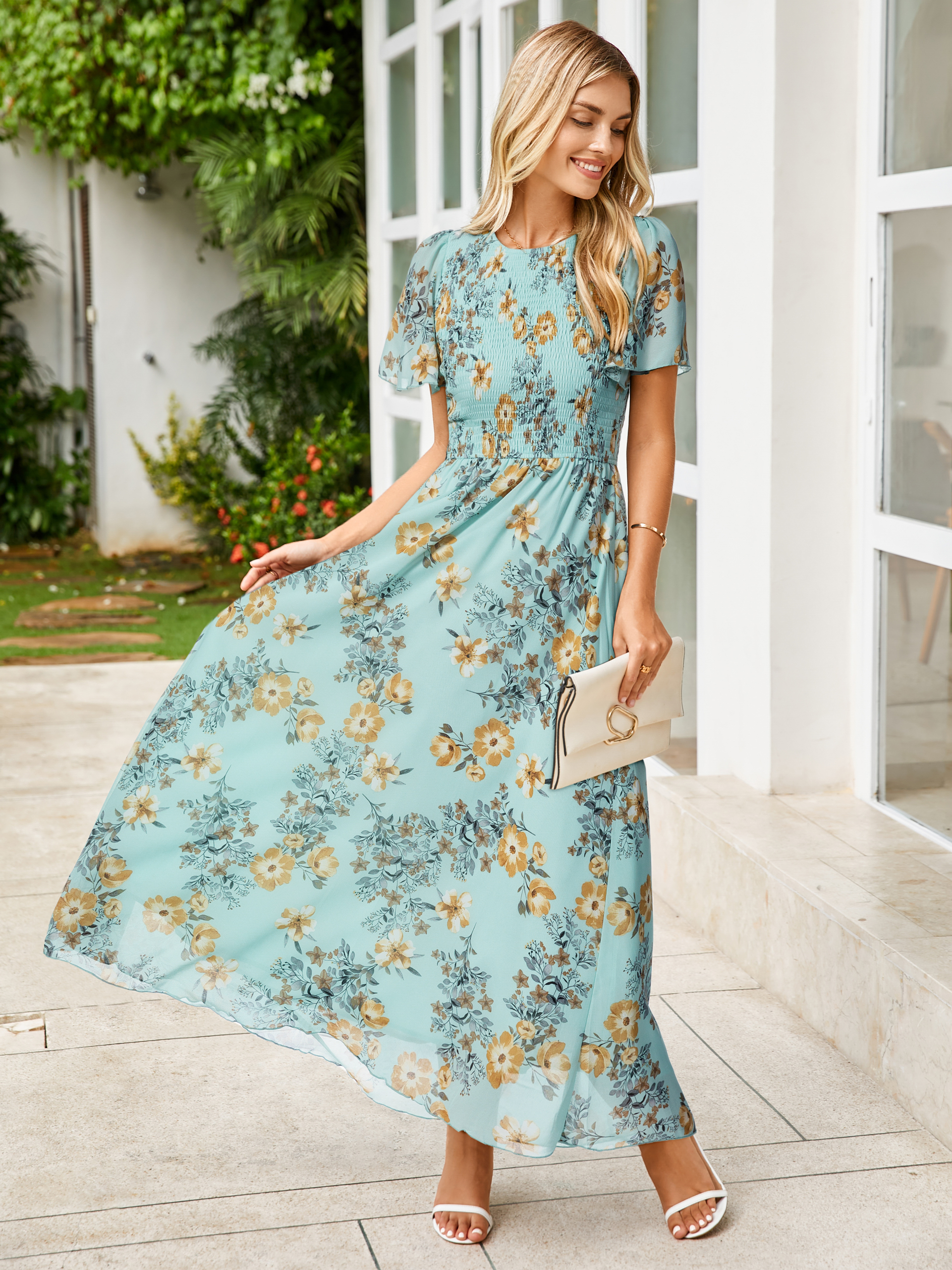 Chiffon Flutter Sleeve Smocked Floral Maxi Dress