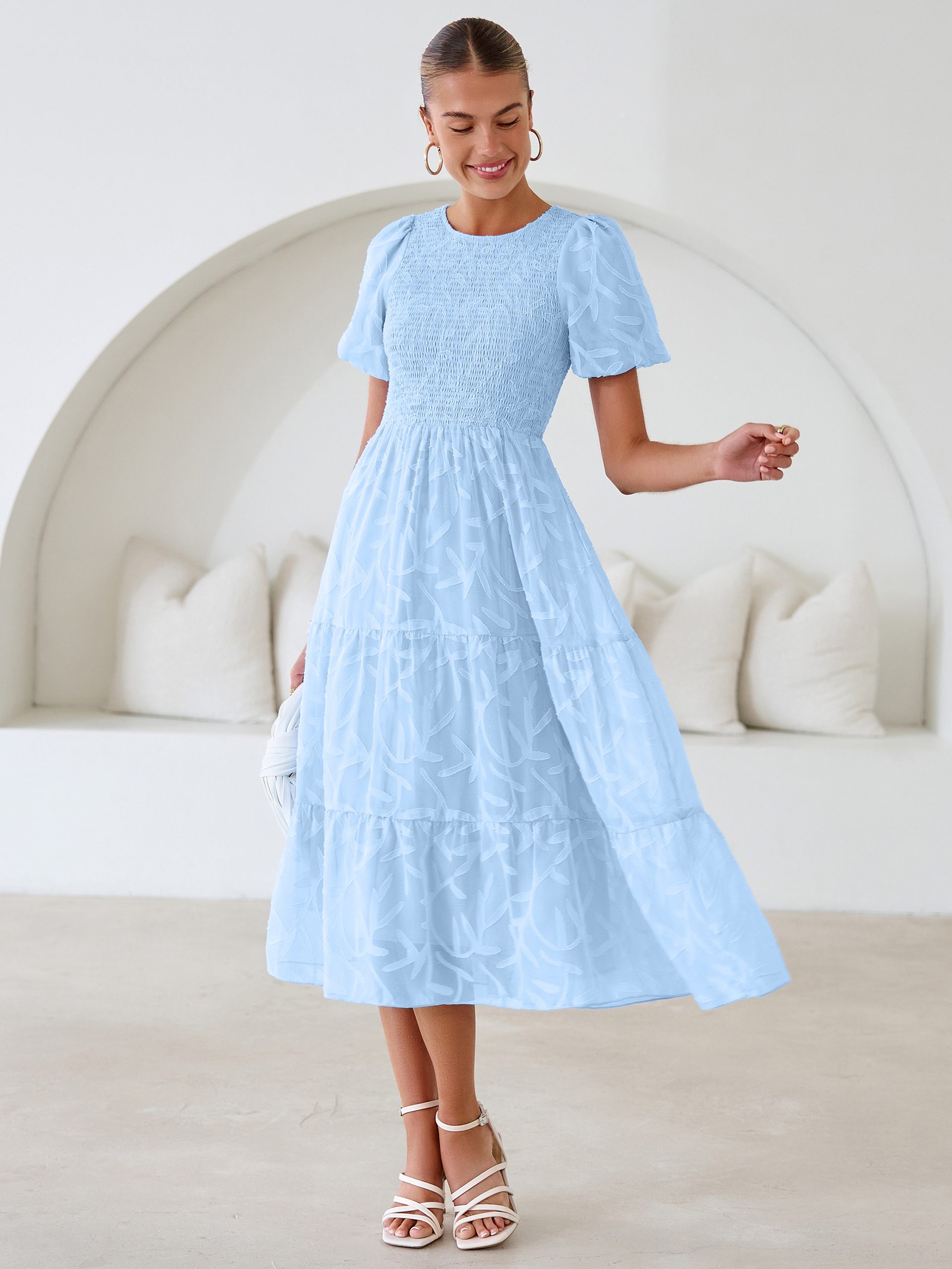 Puff Sleeve A Line Tiered Chiffon Maxi Dress