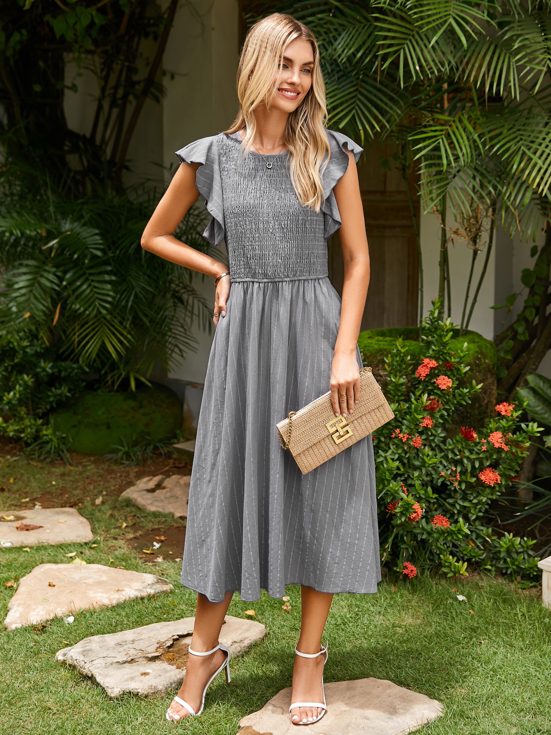 Striped Smocked Midi Dress with Flutter Sleeves