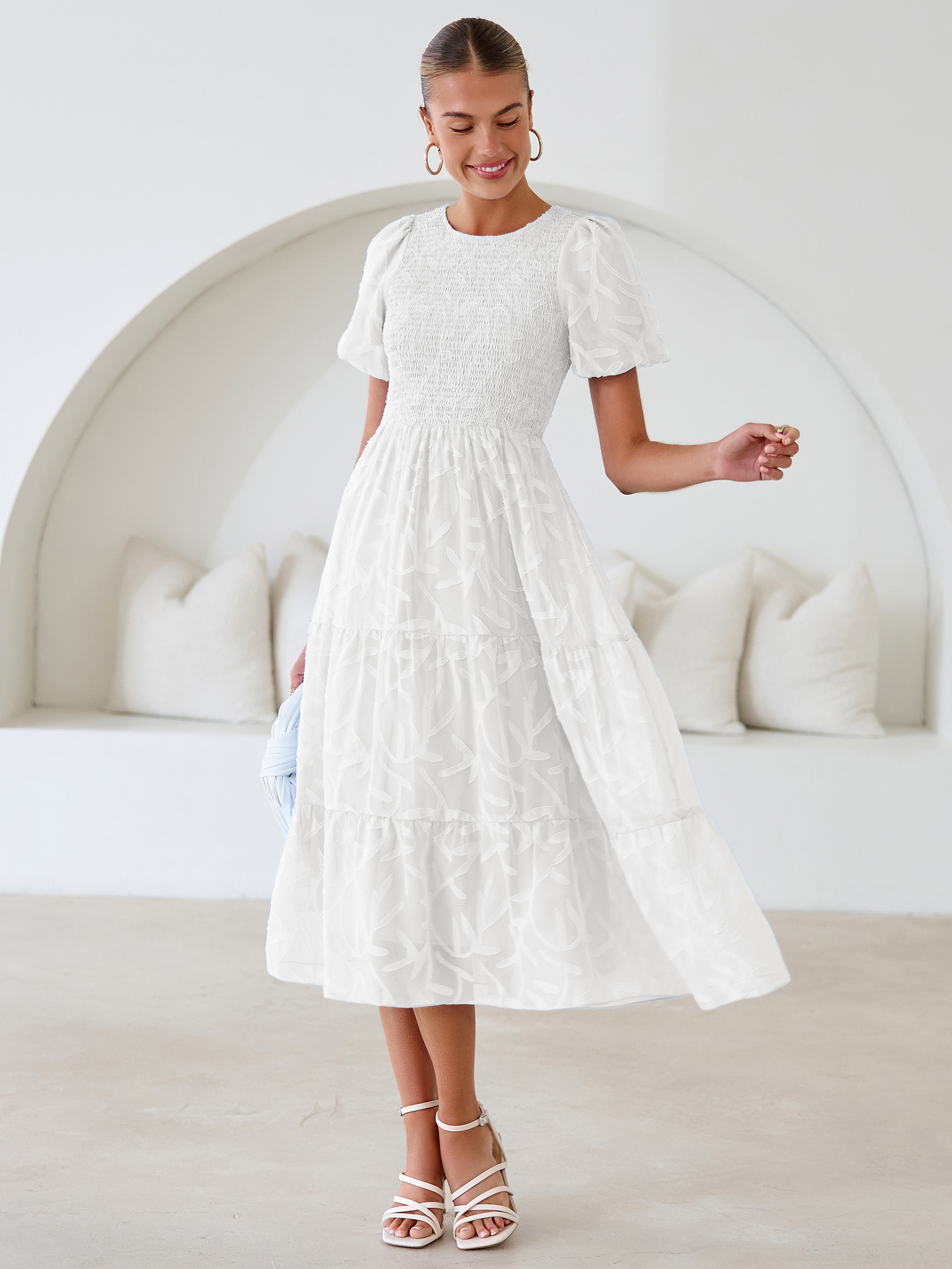 Puff Sleeve A Line Tiered Chiffon Maxi Dress