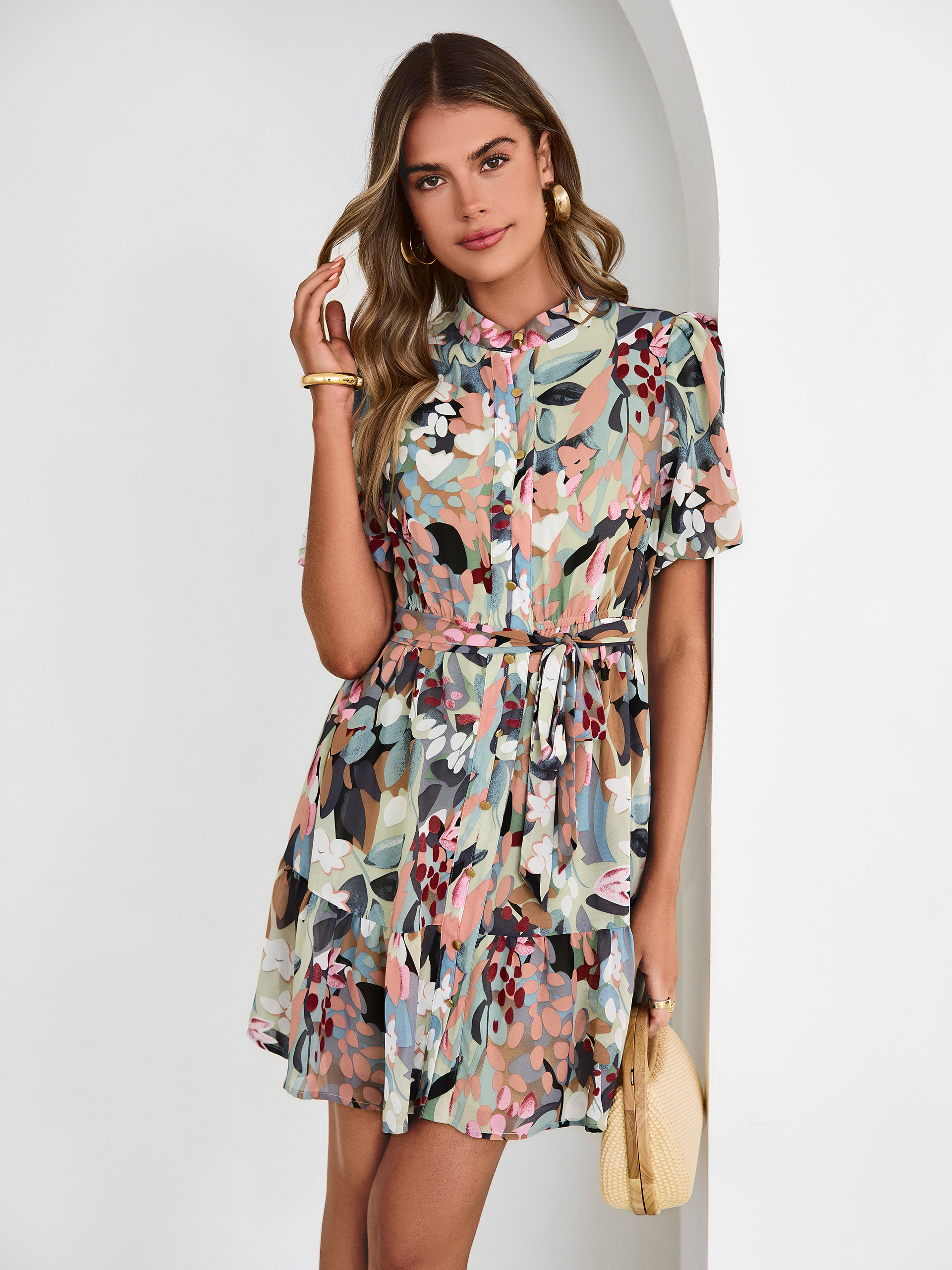 Floral Button Down Tie Waist A-Line Mini Dress