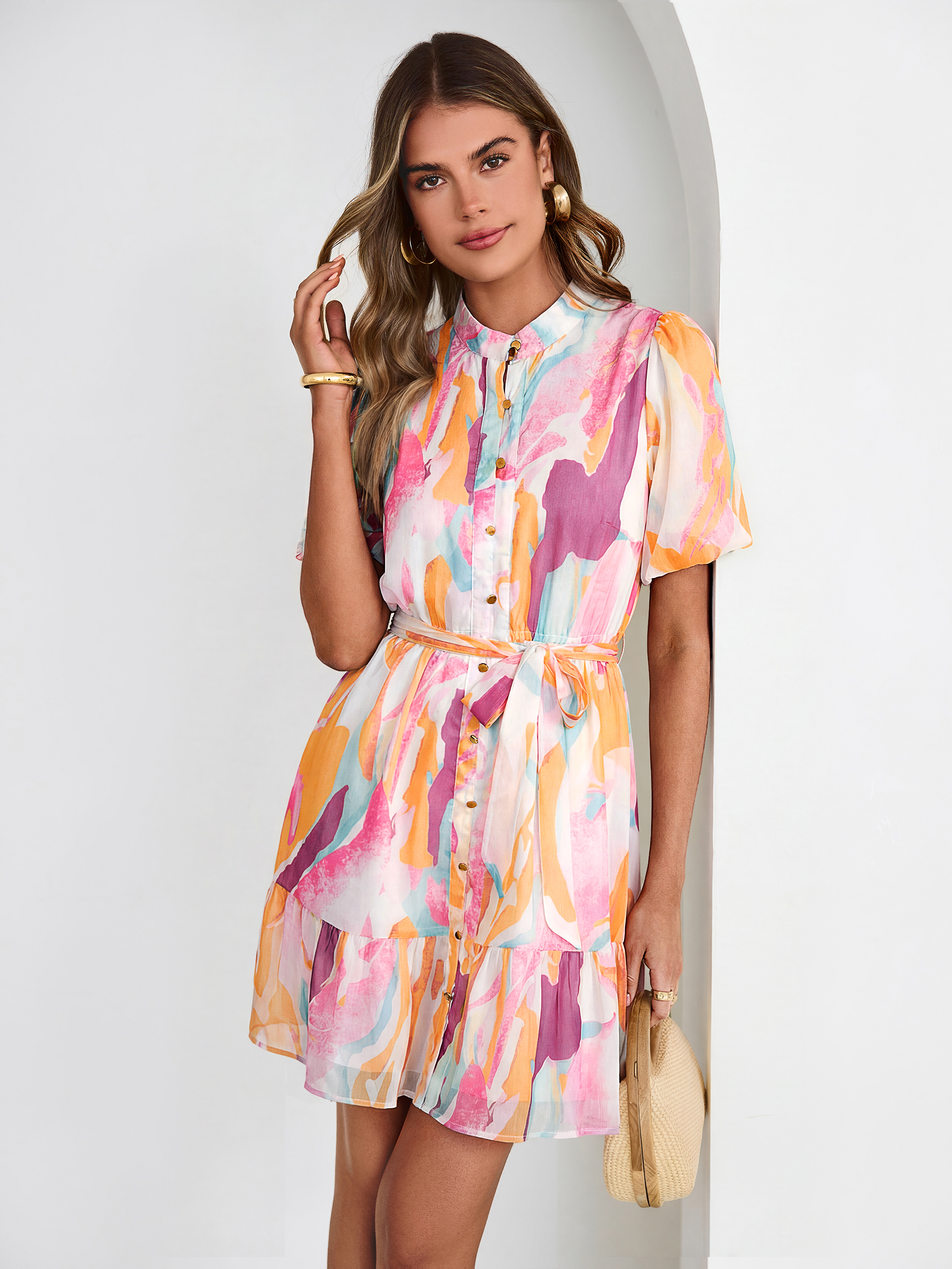 Floral Button Down Tie Waist A-Line Mini Dress