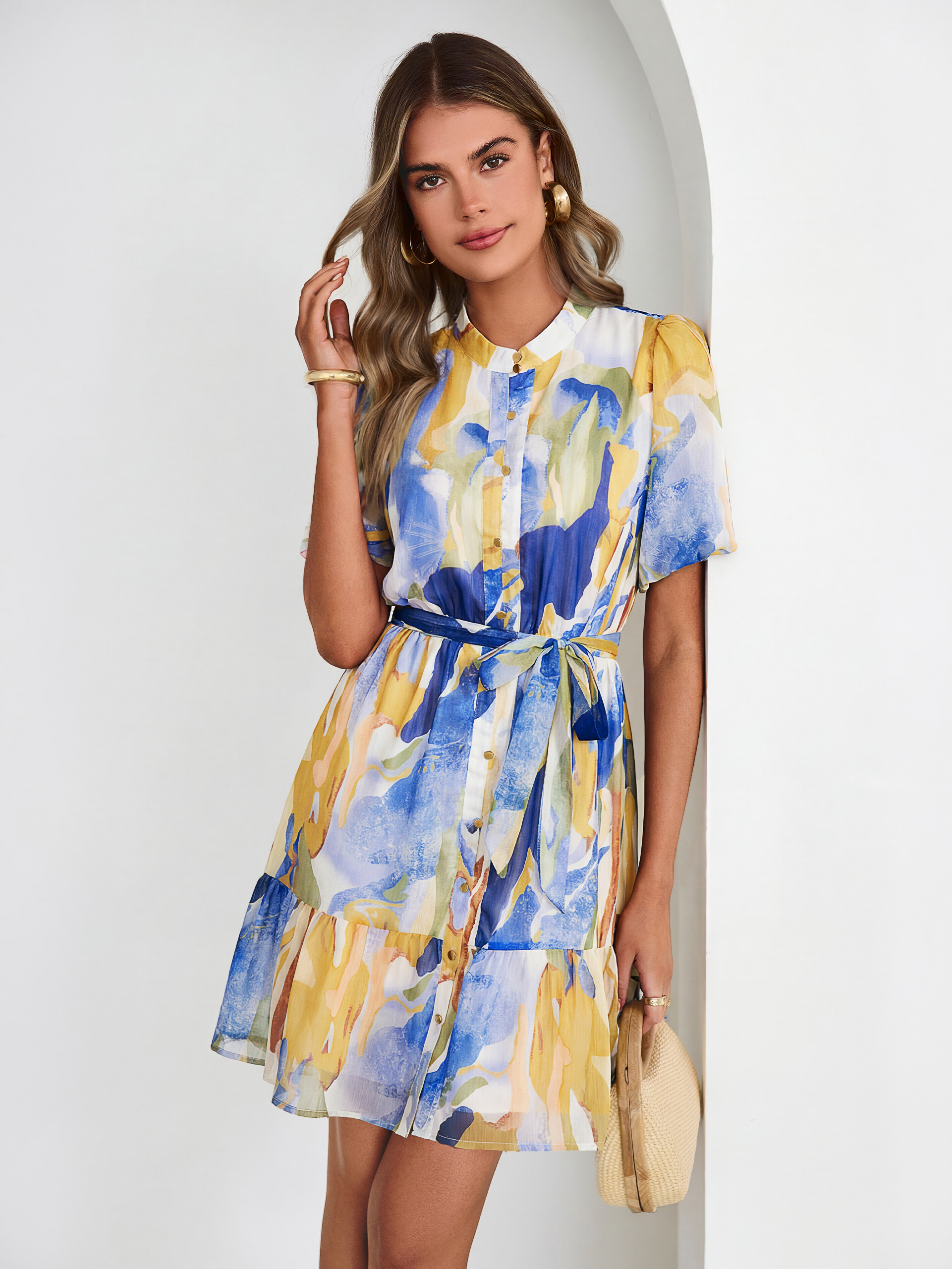 Floral Button Down Tie Waist A-Line Mini Dress