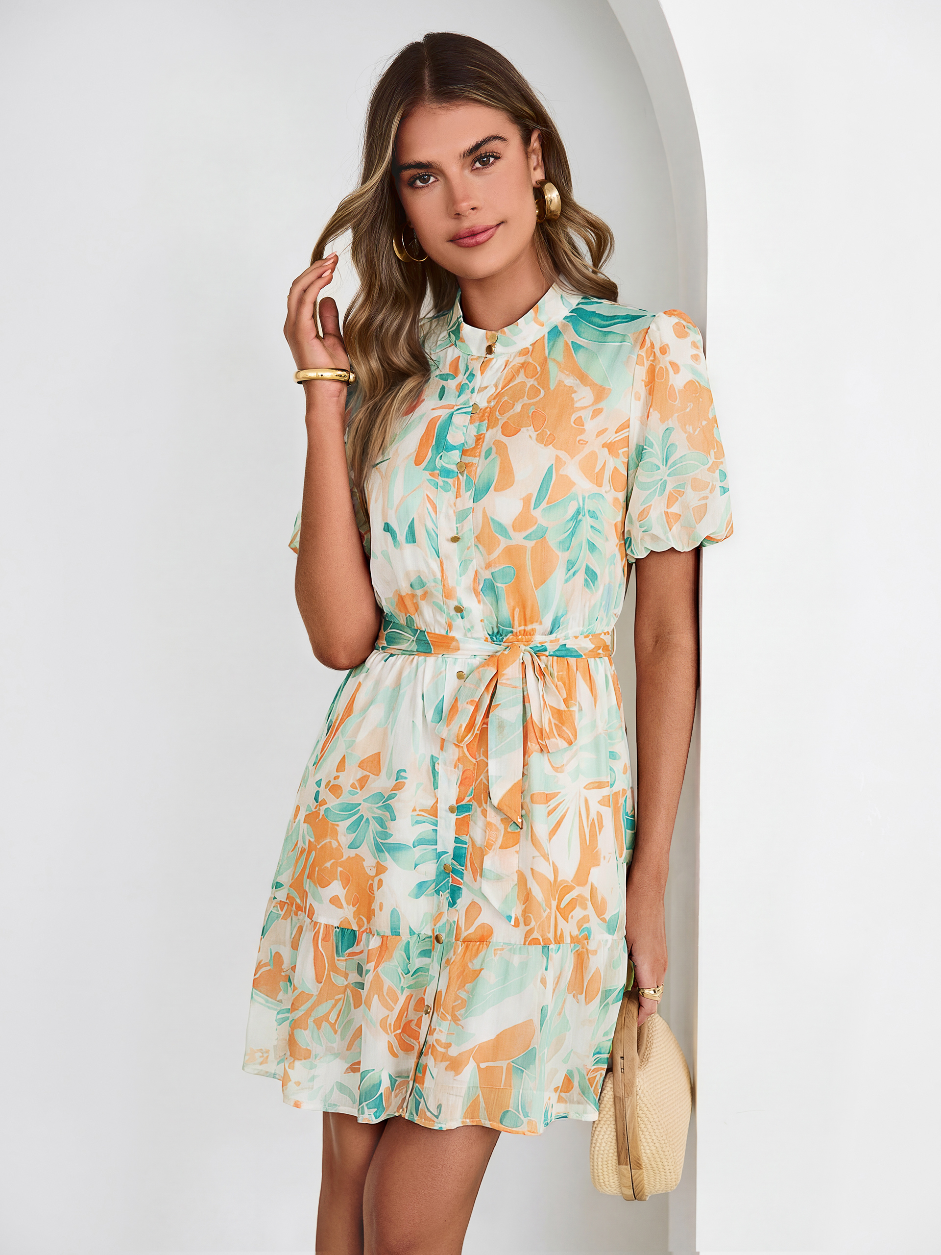 Floral Button Down Tie Waist A-Line Mini Dress