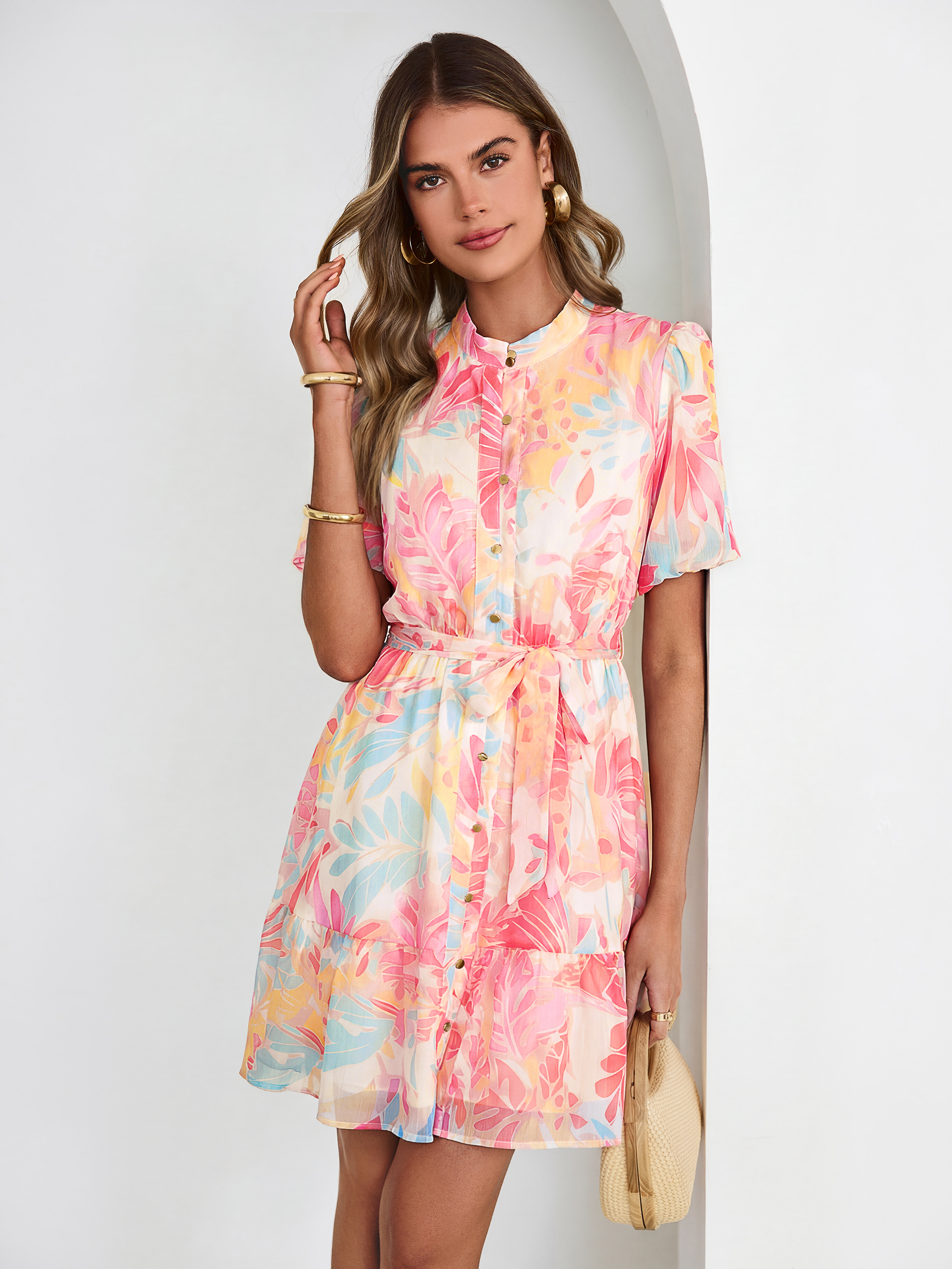 Floral Button Down Tie Waist A-Line Mini Dress