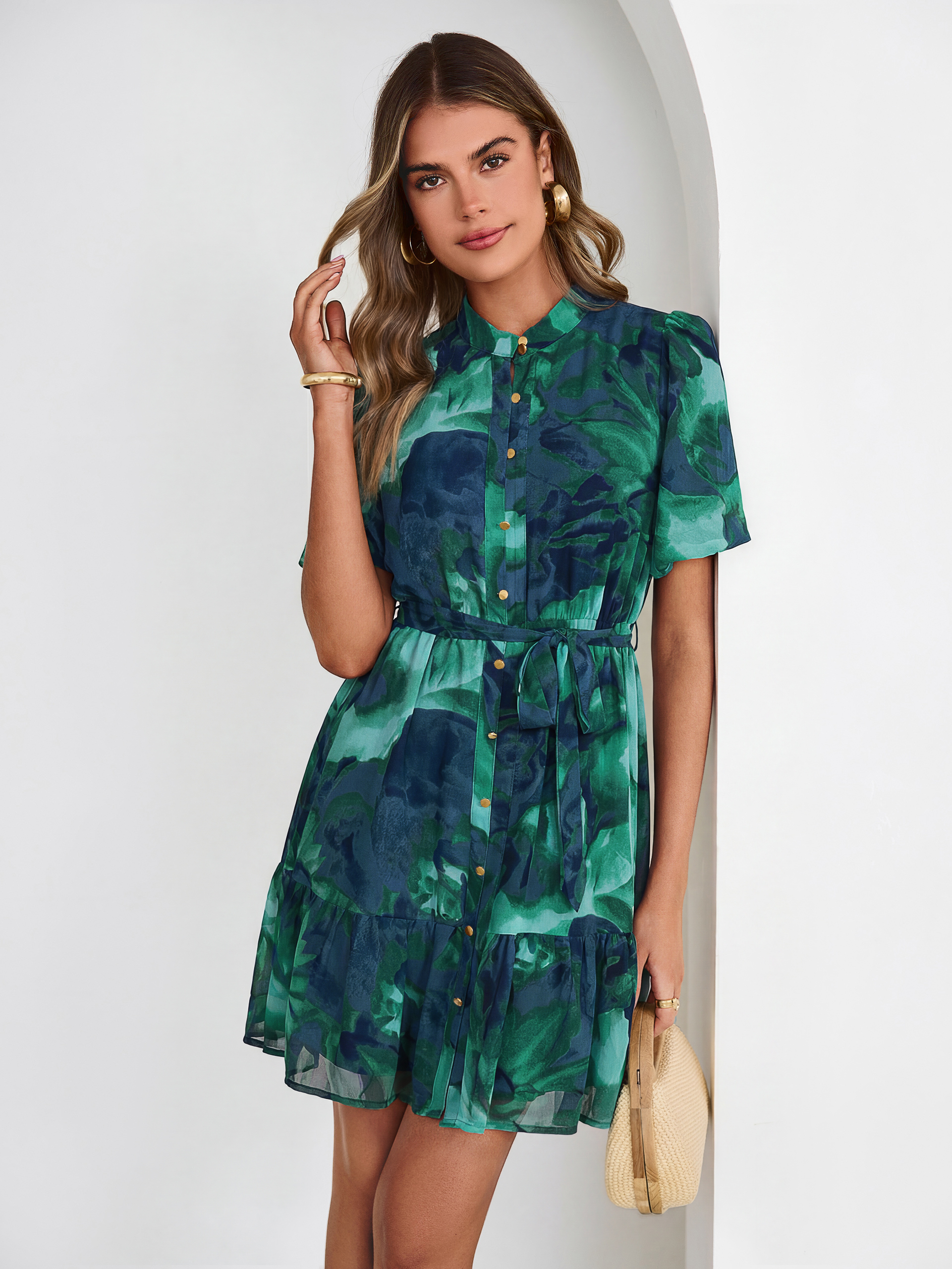 Floral Button Down Tie Waist A-Line Mini Dress