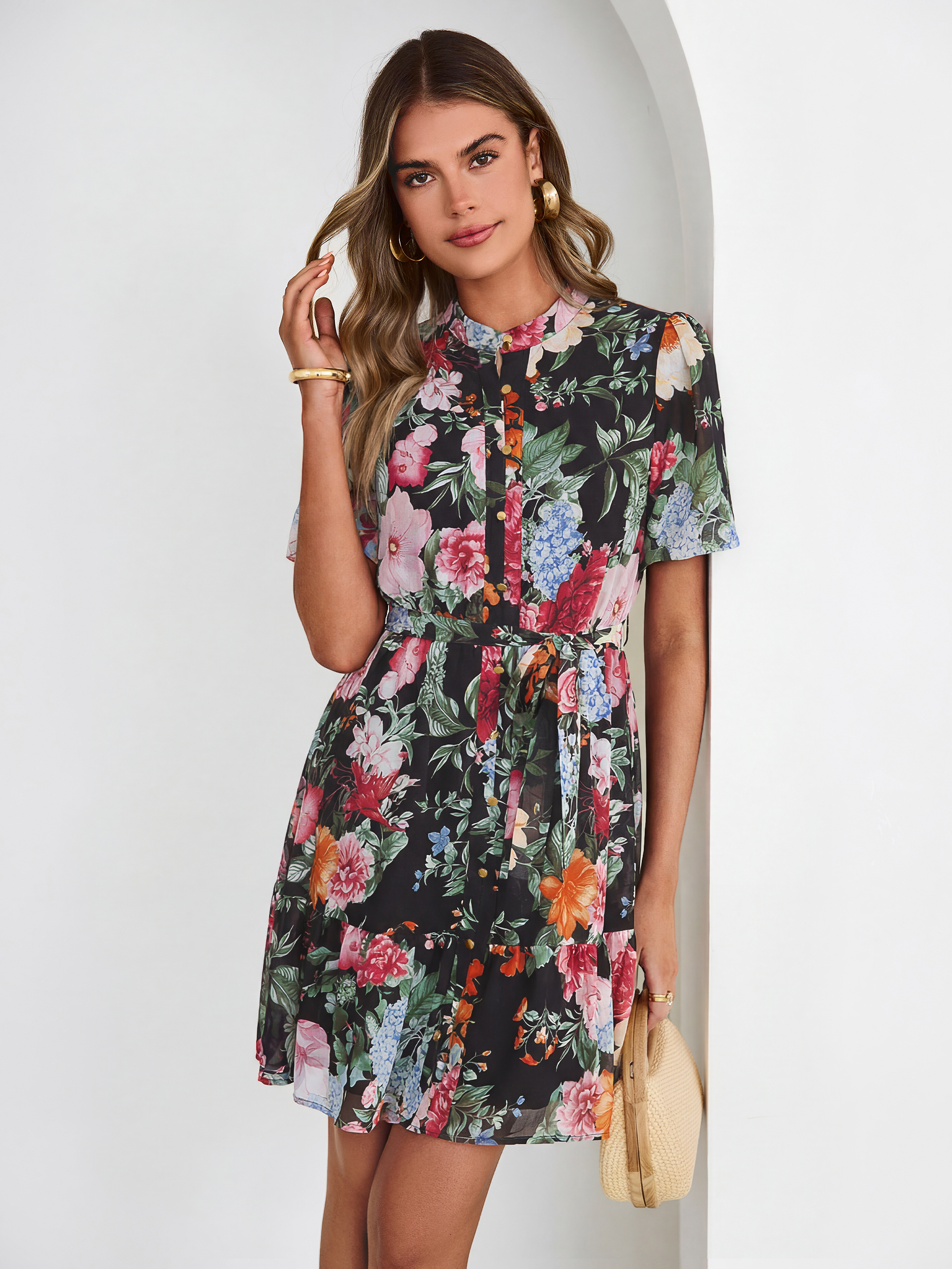 Floral Button Down Tie Waist A-Line Mini Dress