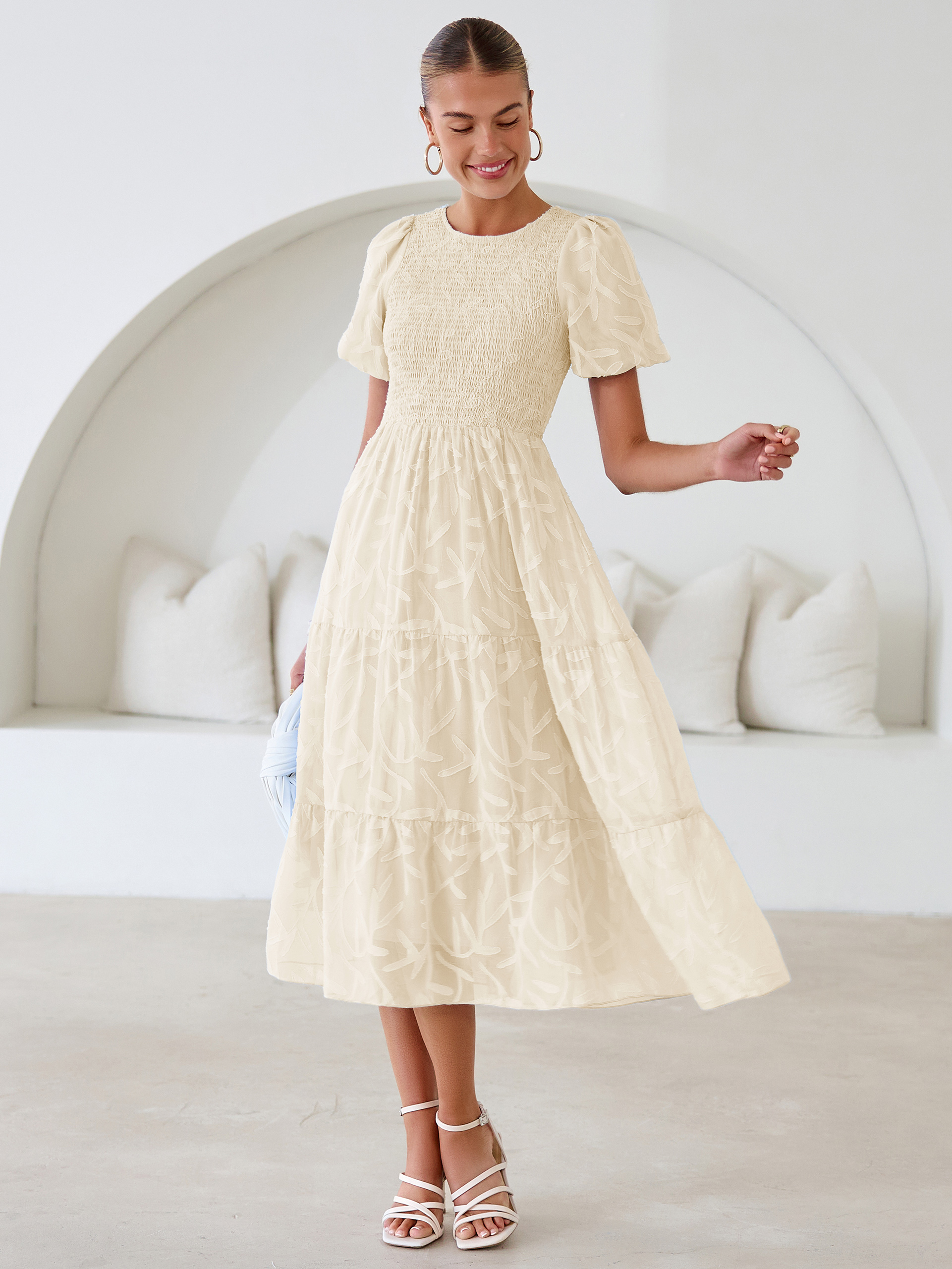 Puff Sleeve A Line Tiered Chiffon Maxi Dress