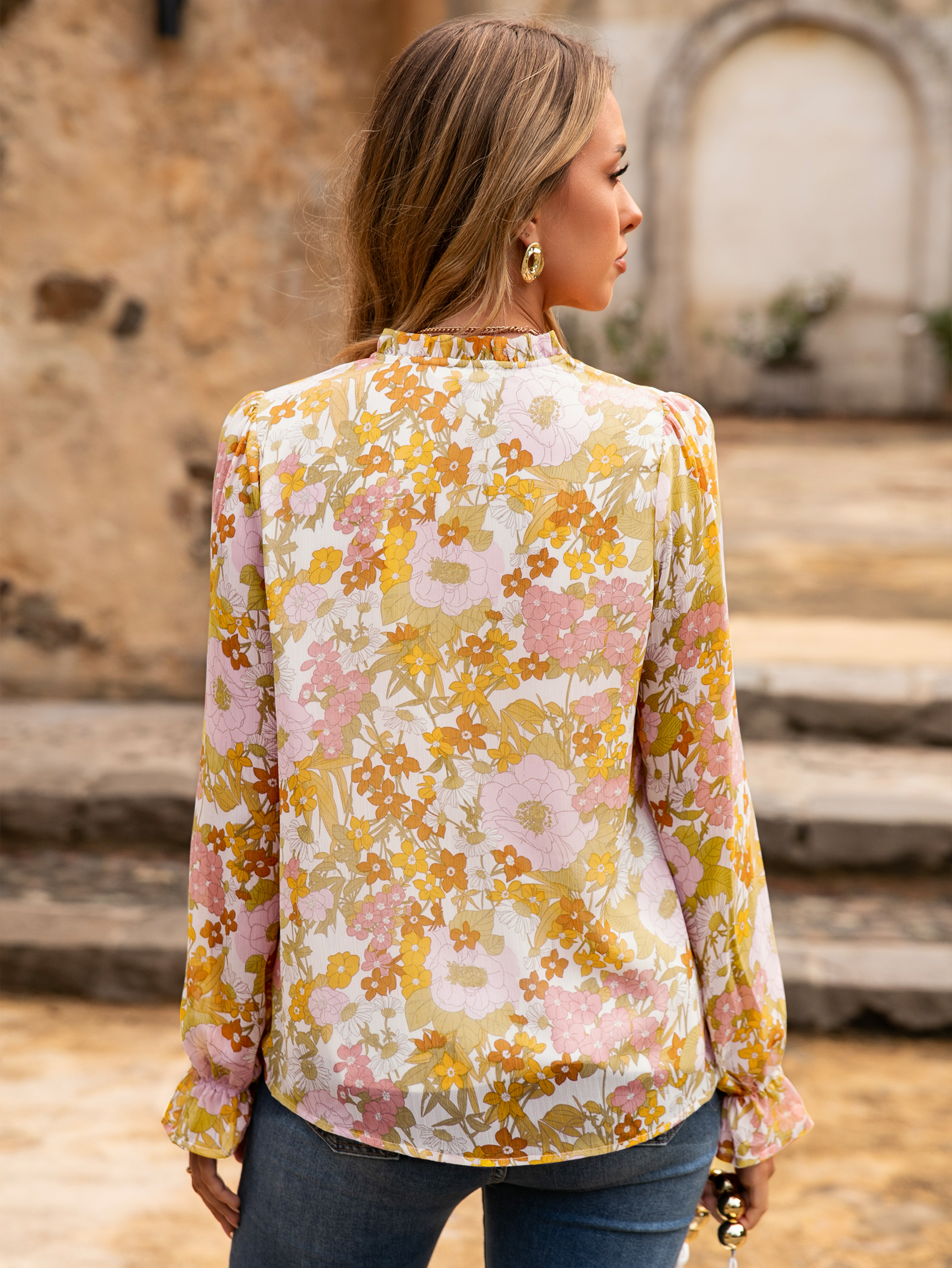 Floral V Neck Puff Sleeve Chiffon Blouse