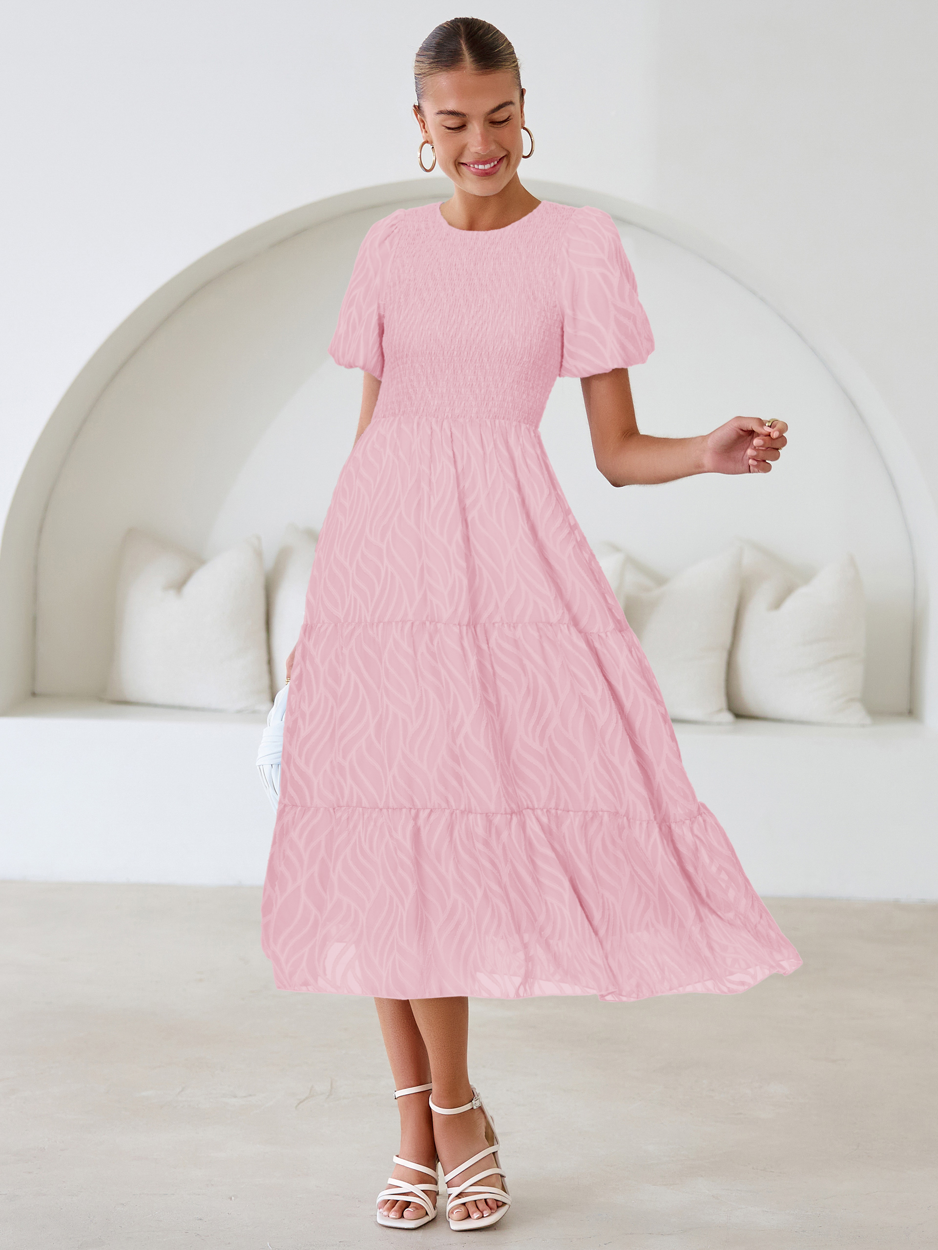 Puff Sleeve A Line Tiered Chiffon Maxi Dress