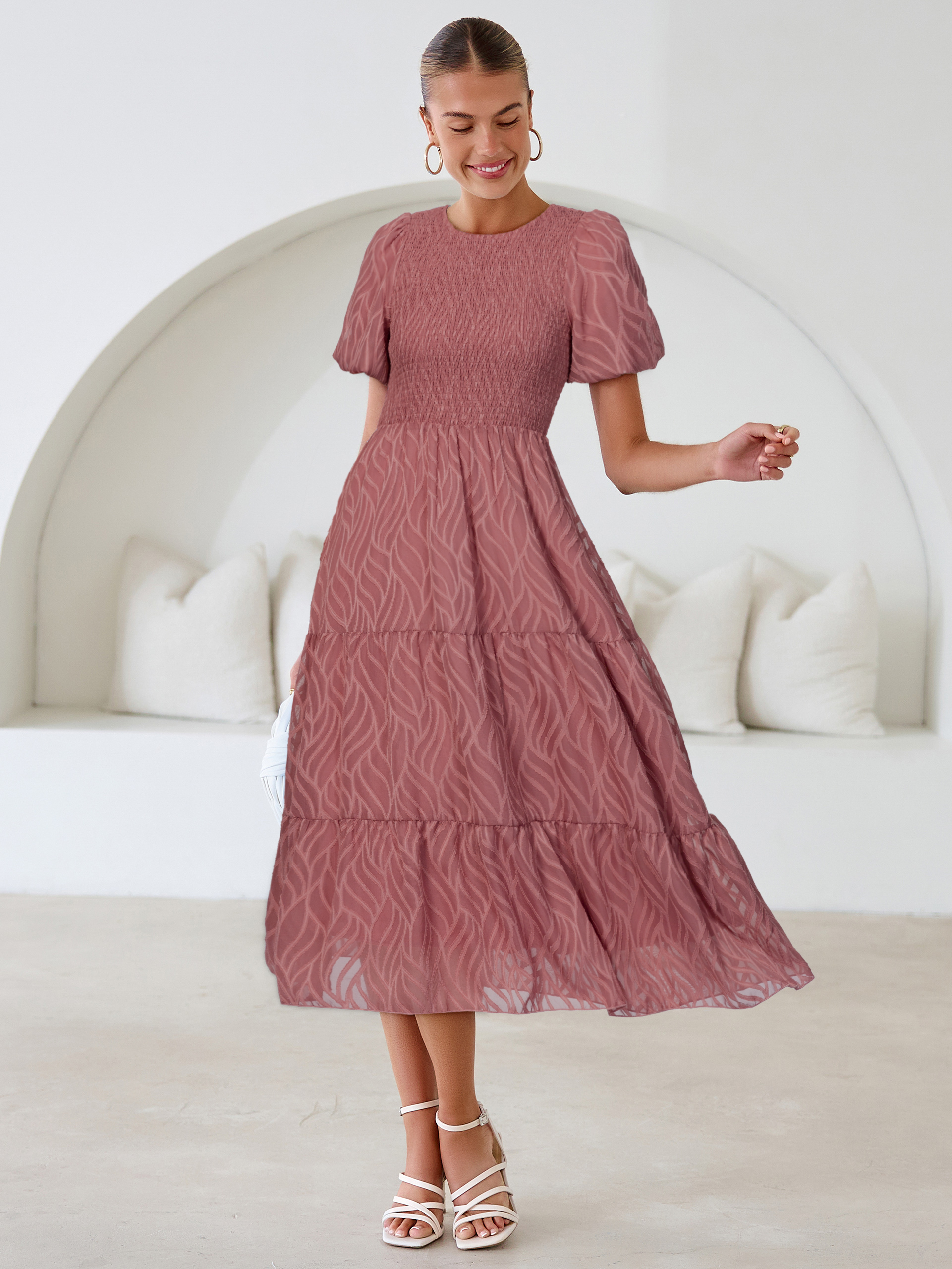 Puff Sleeve A Line Tiered Chiffon Maxi Dress