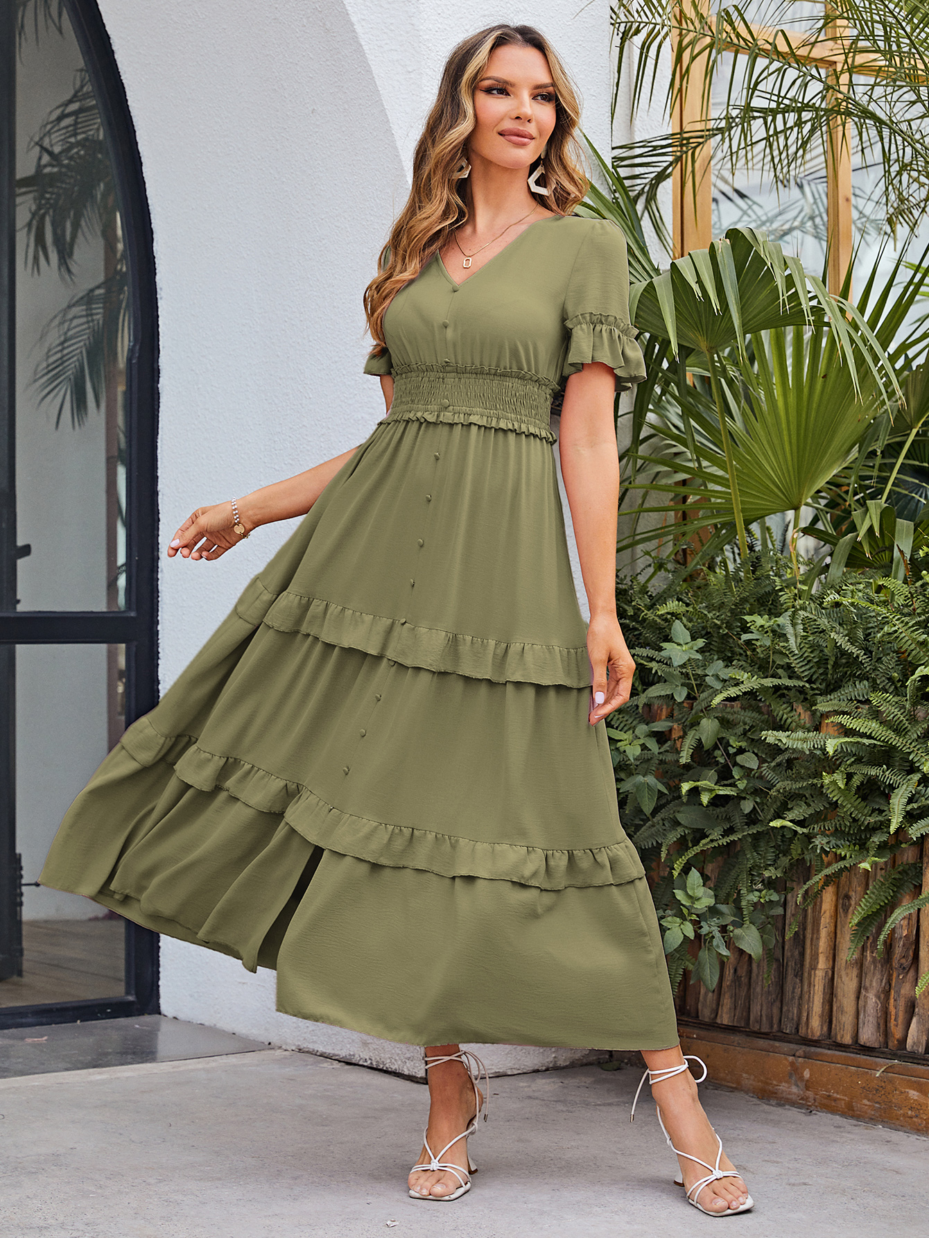 Short Sleeve Tiered Ruffle Smocked V-Neck Maxi Dress